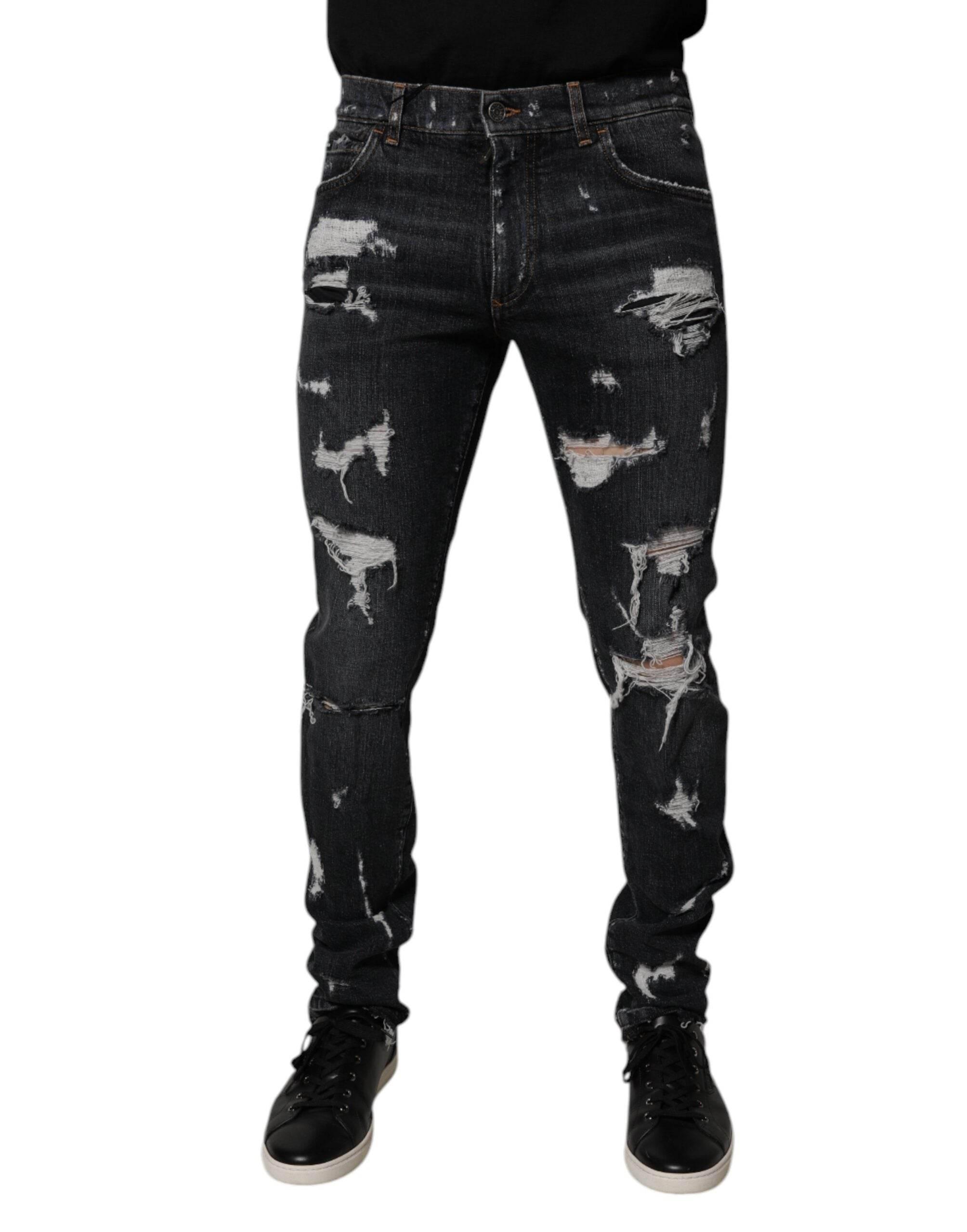 Dolce & Gabbana Black Tattered Cotton Skinny Men Denim Jeans - Hilstor
