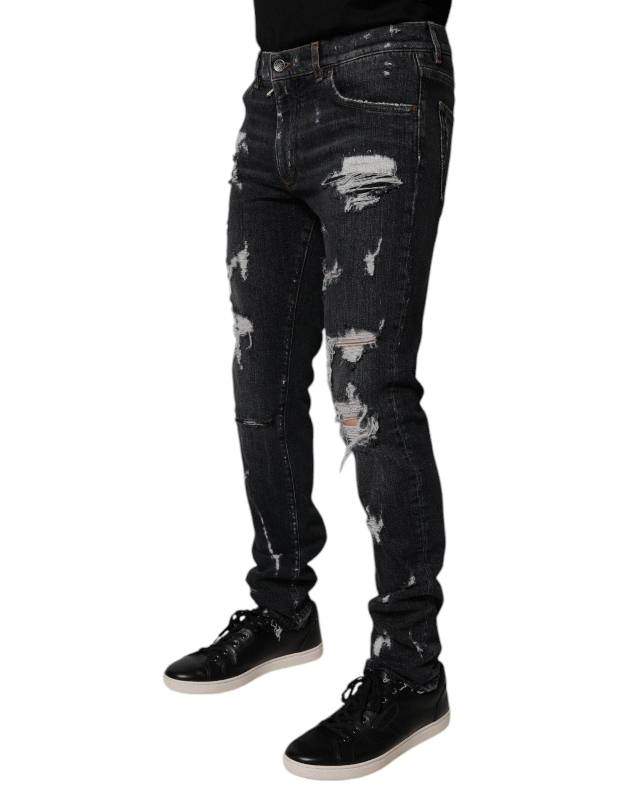 Dolce & Gabbana Black Tattered Cotton Skinny Men Denim Jeans - Hilstor