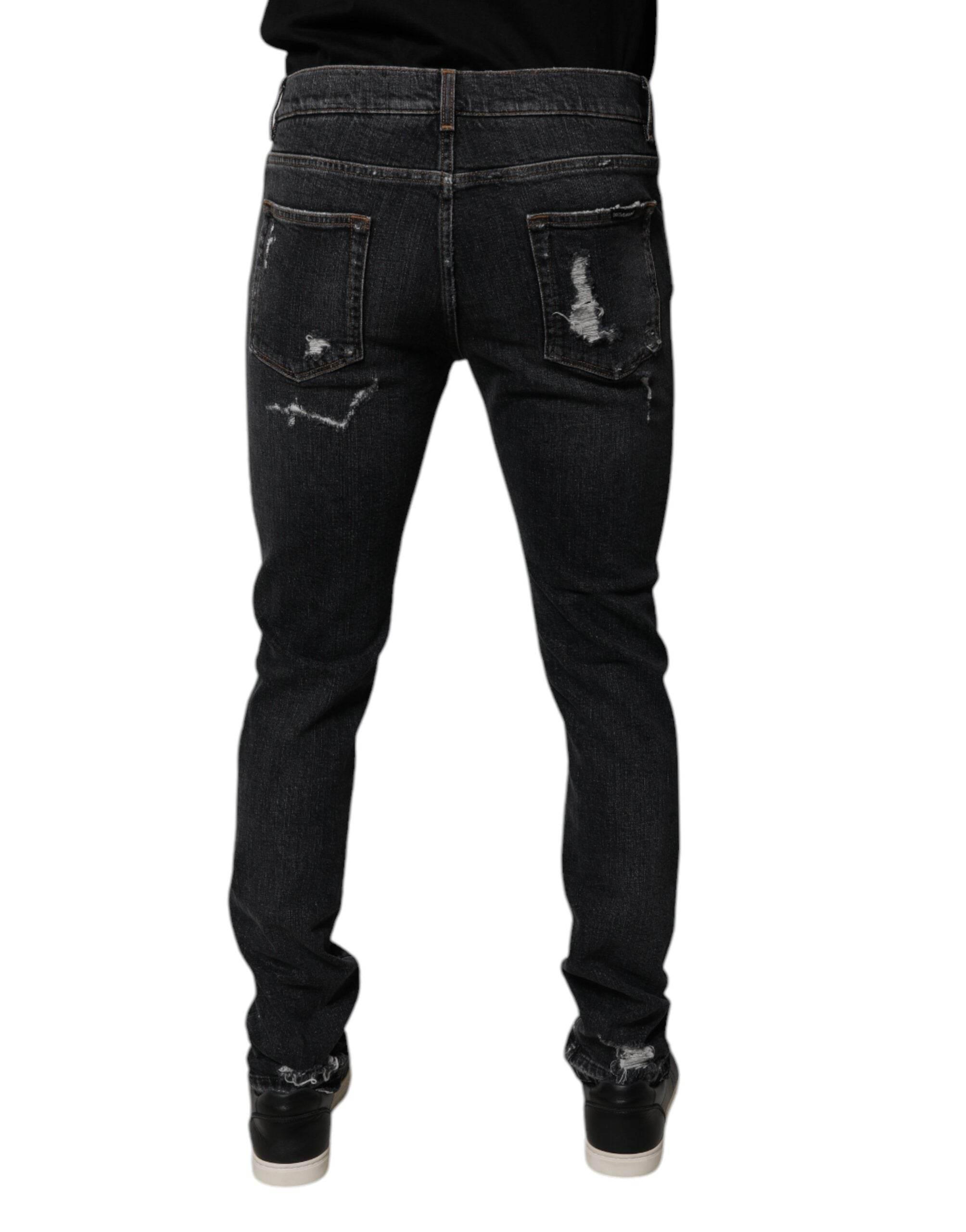 Dolce & Gabbana Black Tattered Cotton Skinny Men Denim Jeans - Hilstor