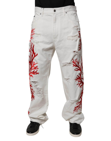Dolce & Gabbana White Corals Tattered Straight Denim Jeans - Hilstor