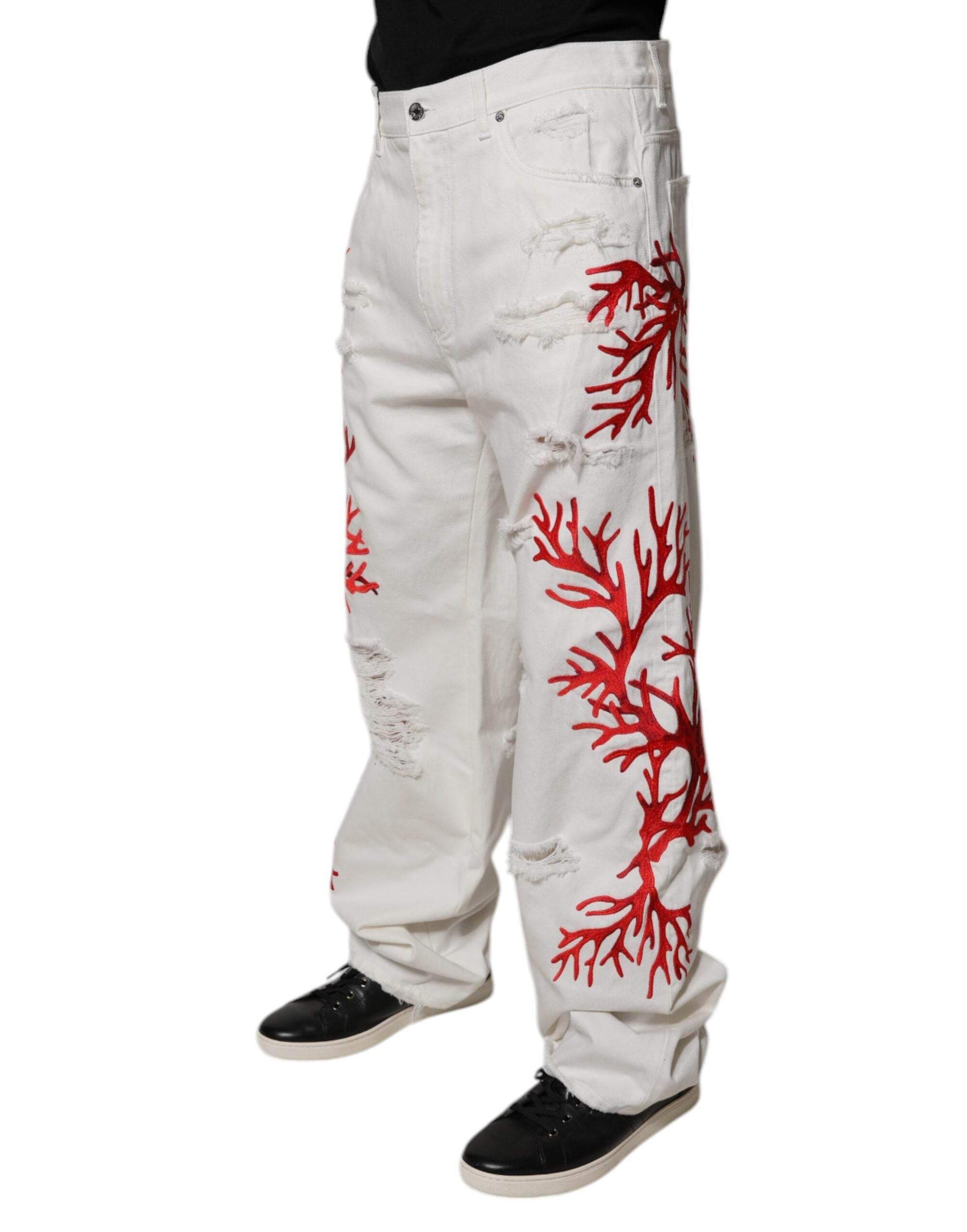 Dolce & Gabbana White Corals Tattered Straight Denim Jeans - Hilstor