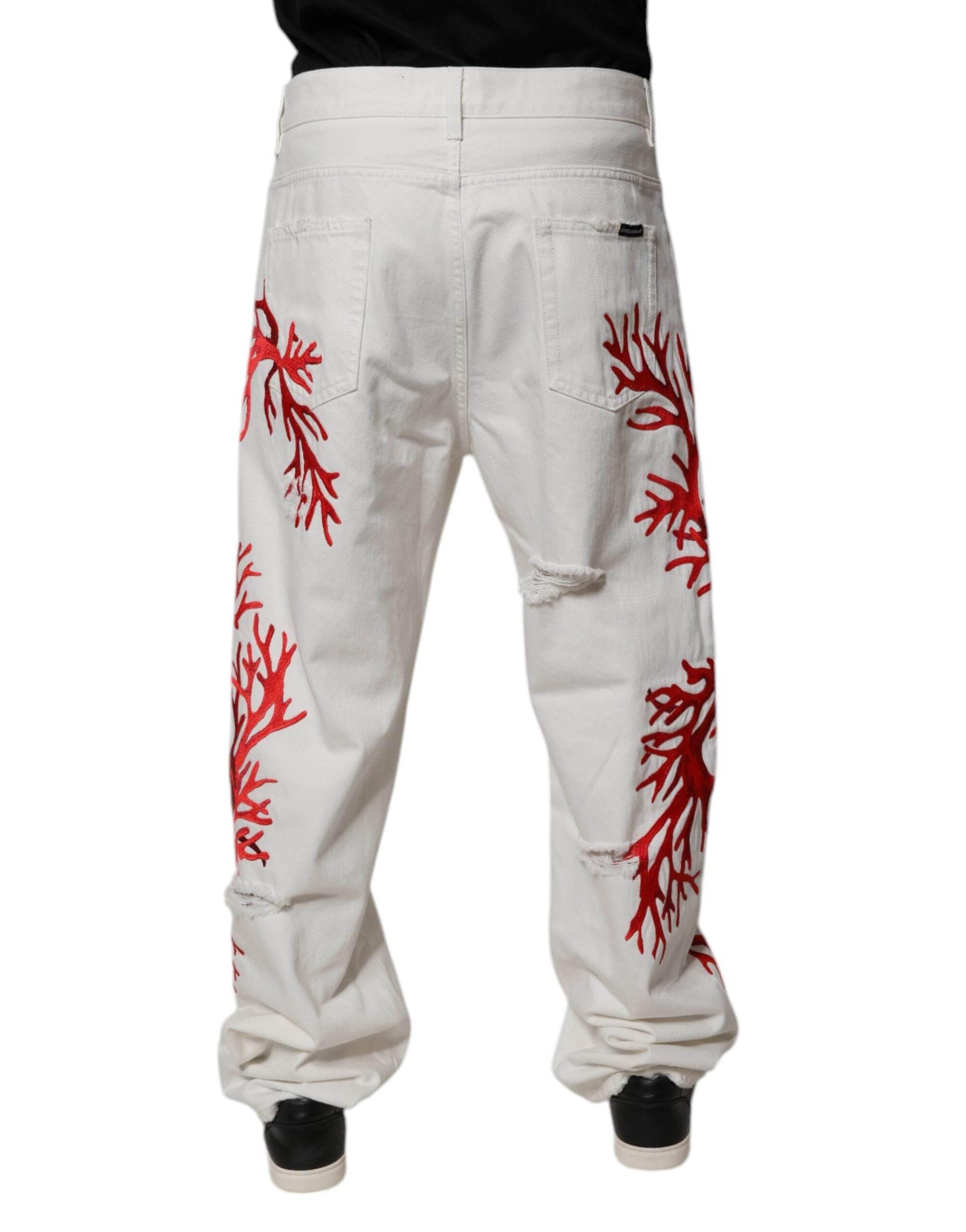 Dolce & Gabbana White Corals Tattered Straight Denim Jeans - Hilstor