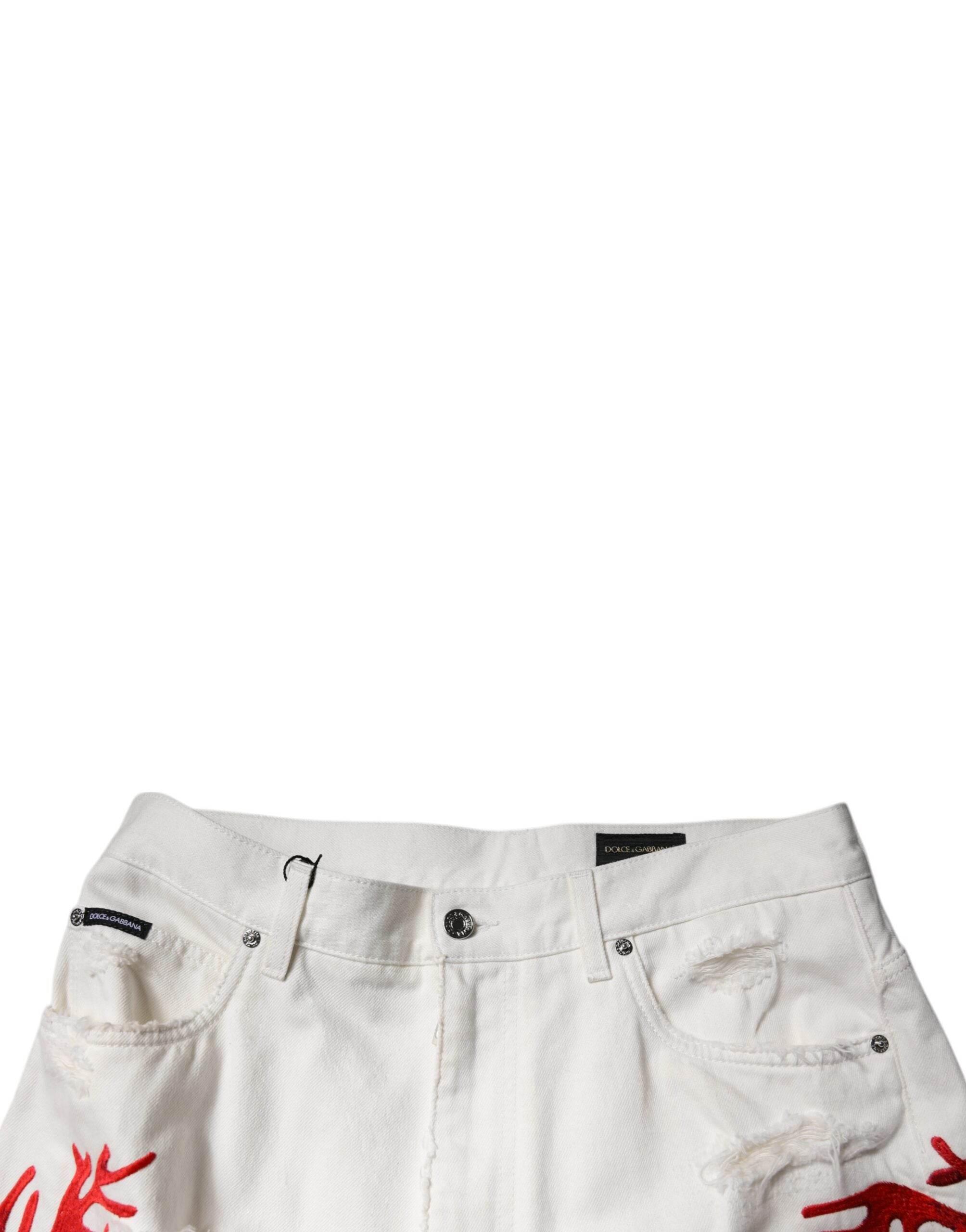 Dolce & Gabbana White Corals Tattered Straight Denim Jeans - Hilstor