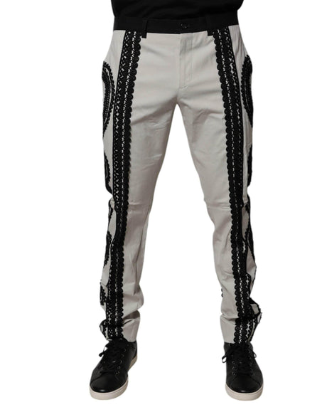Dolce & Gabbana White Lace Trim Mid Waist Dress Formal Pants - Hilstor