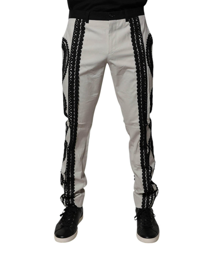 Dolce & Gabbana White Lace Trim Mid Waist Dress Formal Pants - Hilstor