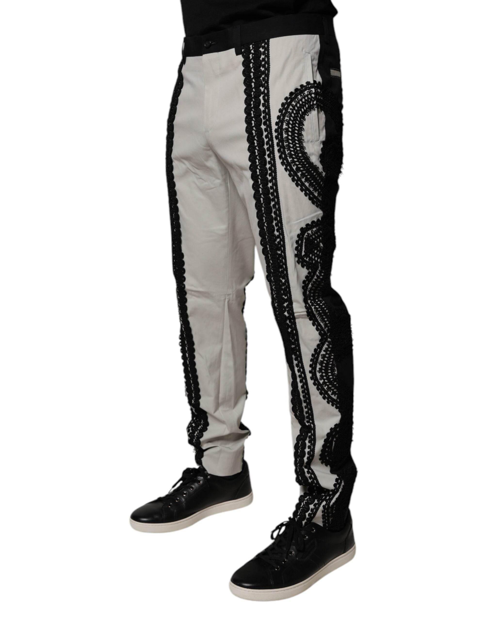 Dolce & Gabbana White Lace Trim Mid Waist Dress Formal Pants - Hilstor