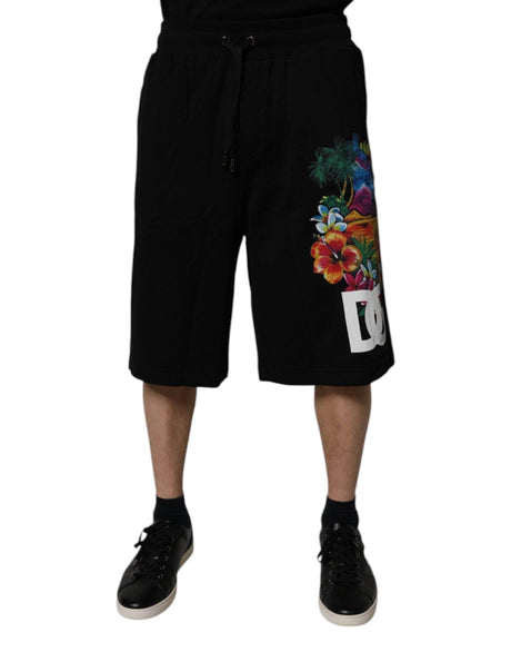 Dolce & Gabbana Black Cotton Logo Floral Print Bermuda Shorts - Hilstor