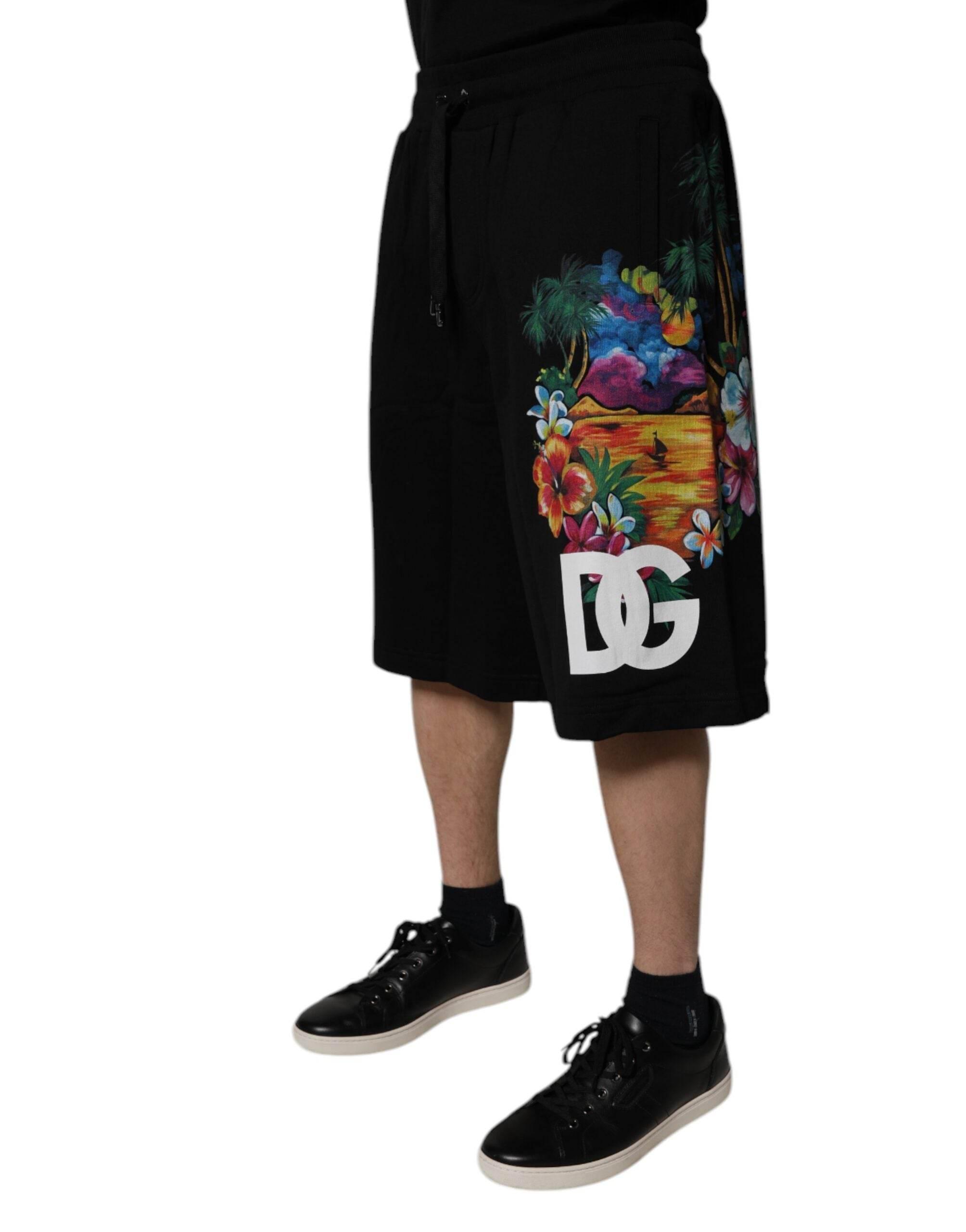Dolce & Gabbana Black Cotton Logo Floral Print Bermuda Shorts - Hilstor