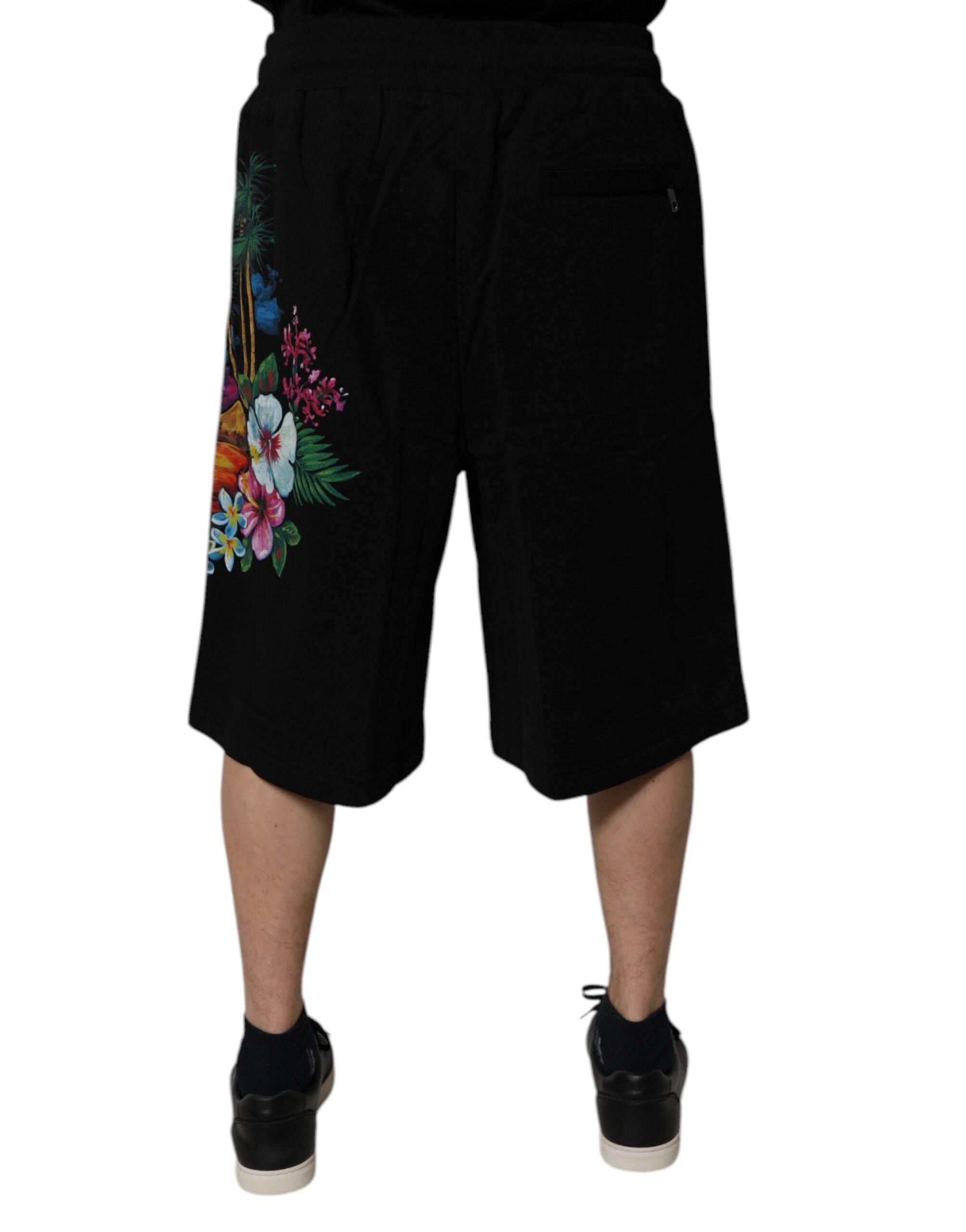 Dolce & Gabbana Black Cotton Logo Floral Print Bermuda Shorts - Hilstor