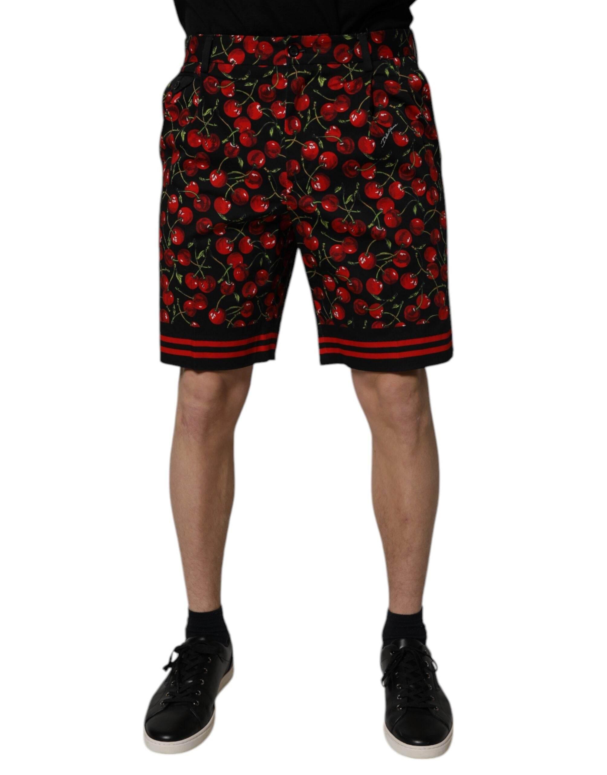 Dolce & Gabbana Black Red Cherry Print Bermuda Cotton Shorts - Hilstor
