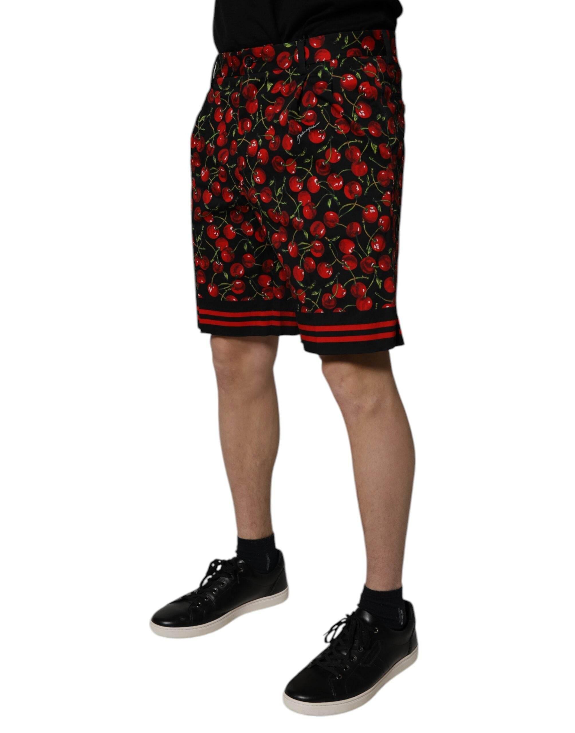 Dolce & Gabbana Black Red Cherry Print Bermuda Cotton Shorts - Hilstor