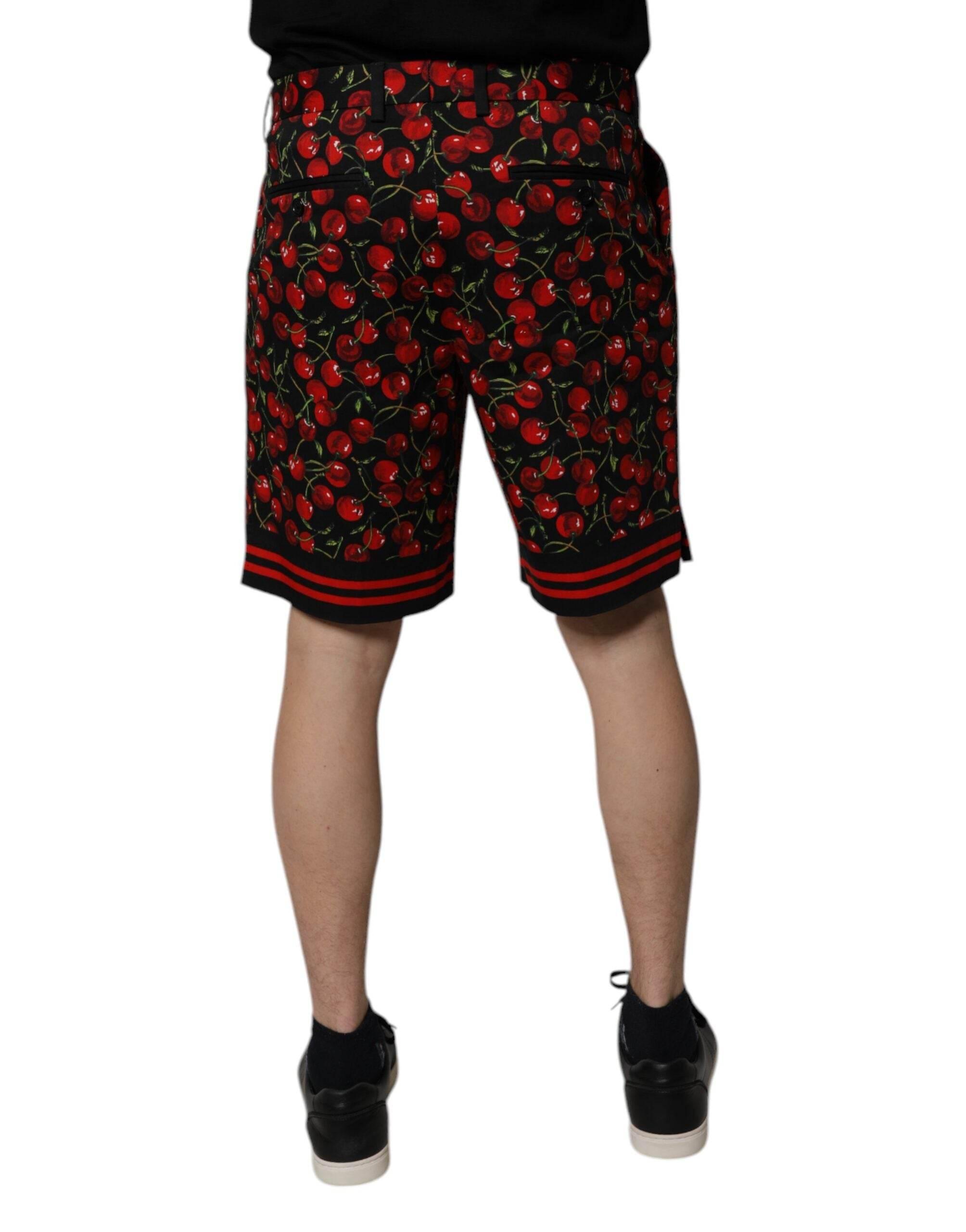 Dolce & Gabbana Black Red Cherry Print Bermuda Cotton Shorts - Hilstor