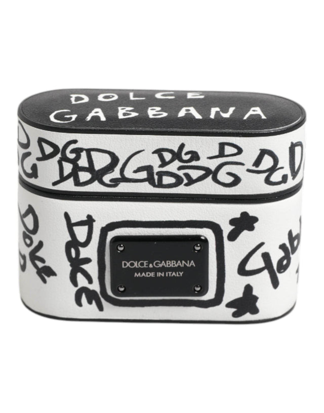 Dolce & Gabbana Black White Leather Scribble Embossed Logo Airpods Case - Hilstor