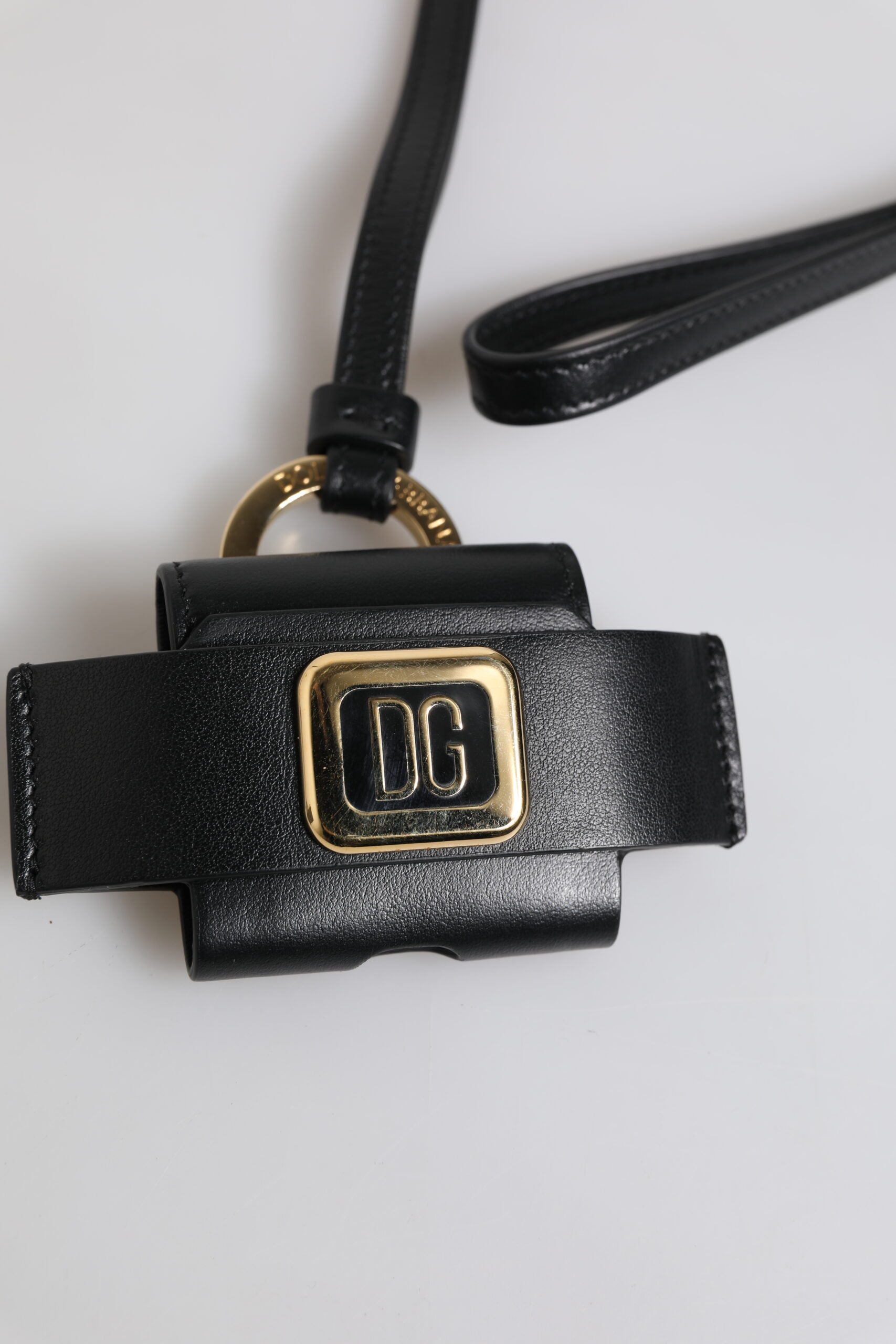Dolce &amp; Gabbana sort læderrem Gold Metal Logo Plaque Airpods etui