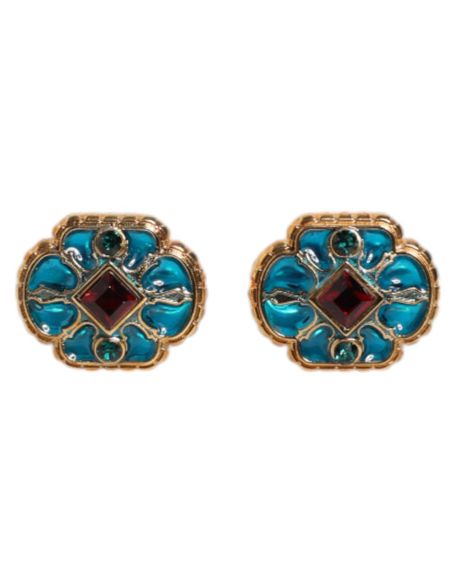 Dolce & Gabbana Gold Brass Blue Enameled Flower Cufflink - Hilstor
