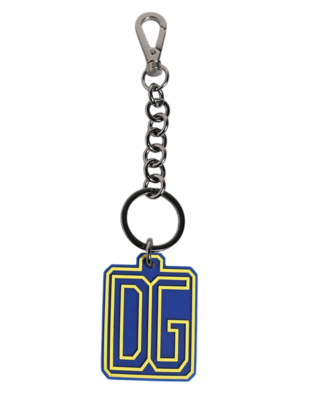 Dolce & Gabbana Blue Yellow DG Rubber Logo Silver Men's Keychain Keyring - Hilstor