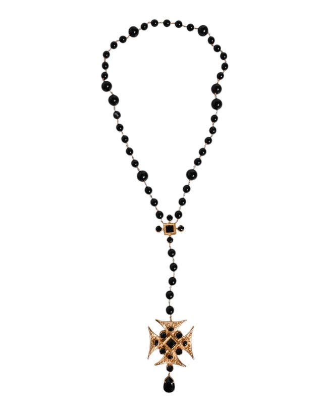 Dolce & Gabbana Gold Brass Black Beaded Chain Rosary Pendant Necklace - Hilstor