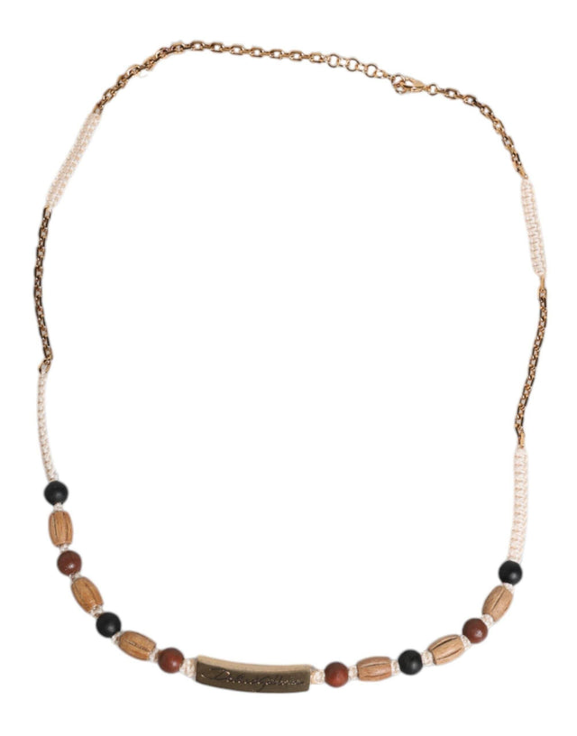 Dolce & Gabbana Black Gold Wooden Beaded Logo Pendant Necklace - Hilstor