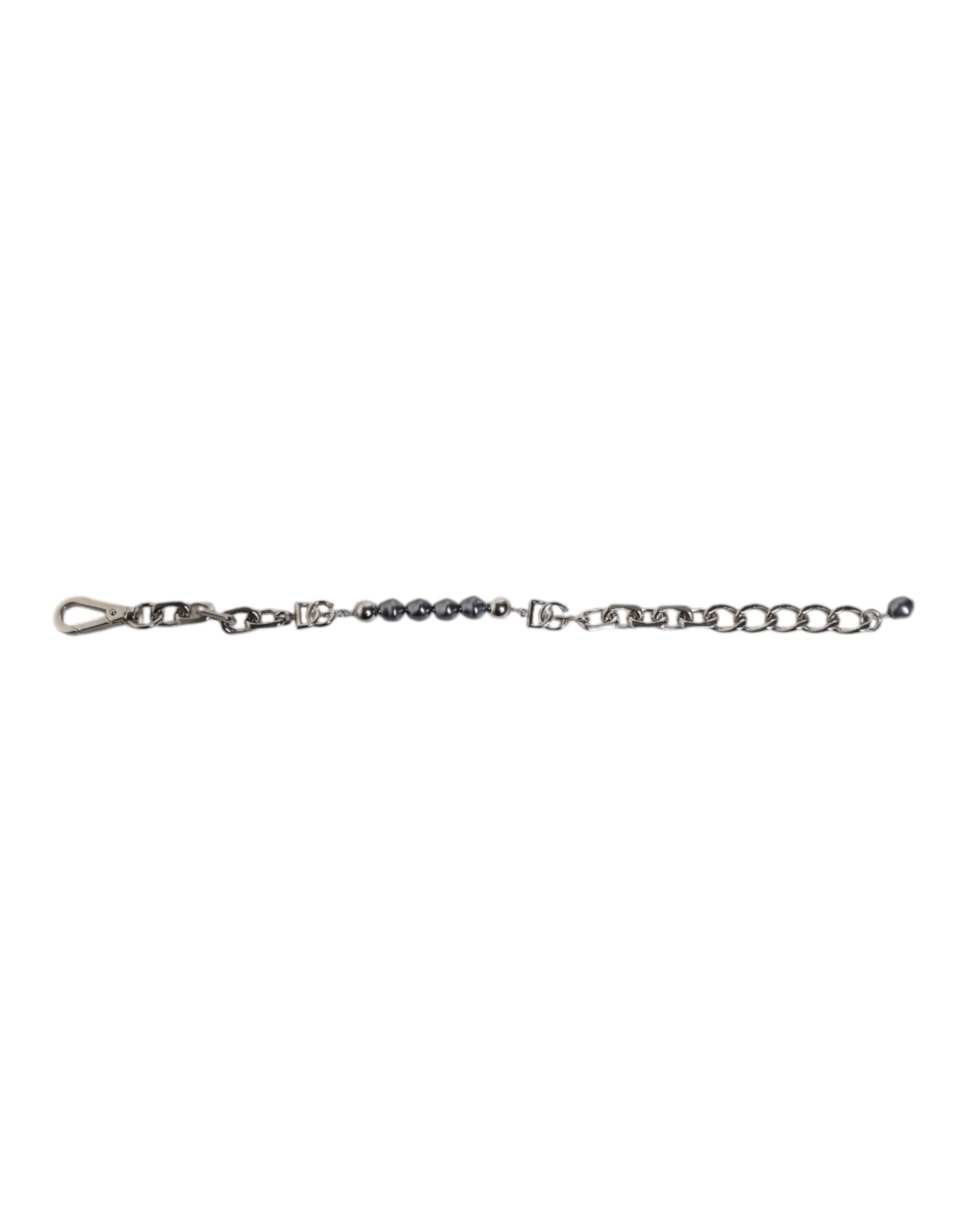 Dolce &amp; Gabbana Silver Tone Chain Lobster Clasp Logo Grey Pearls Armbånd