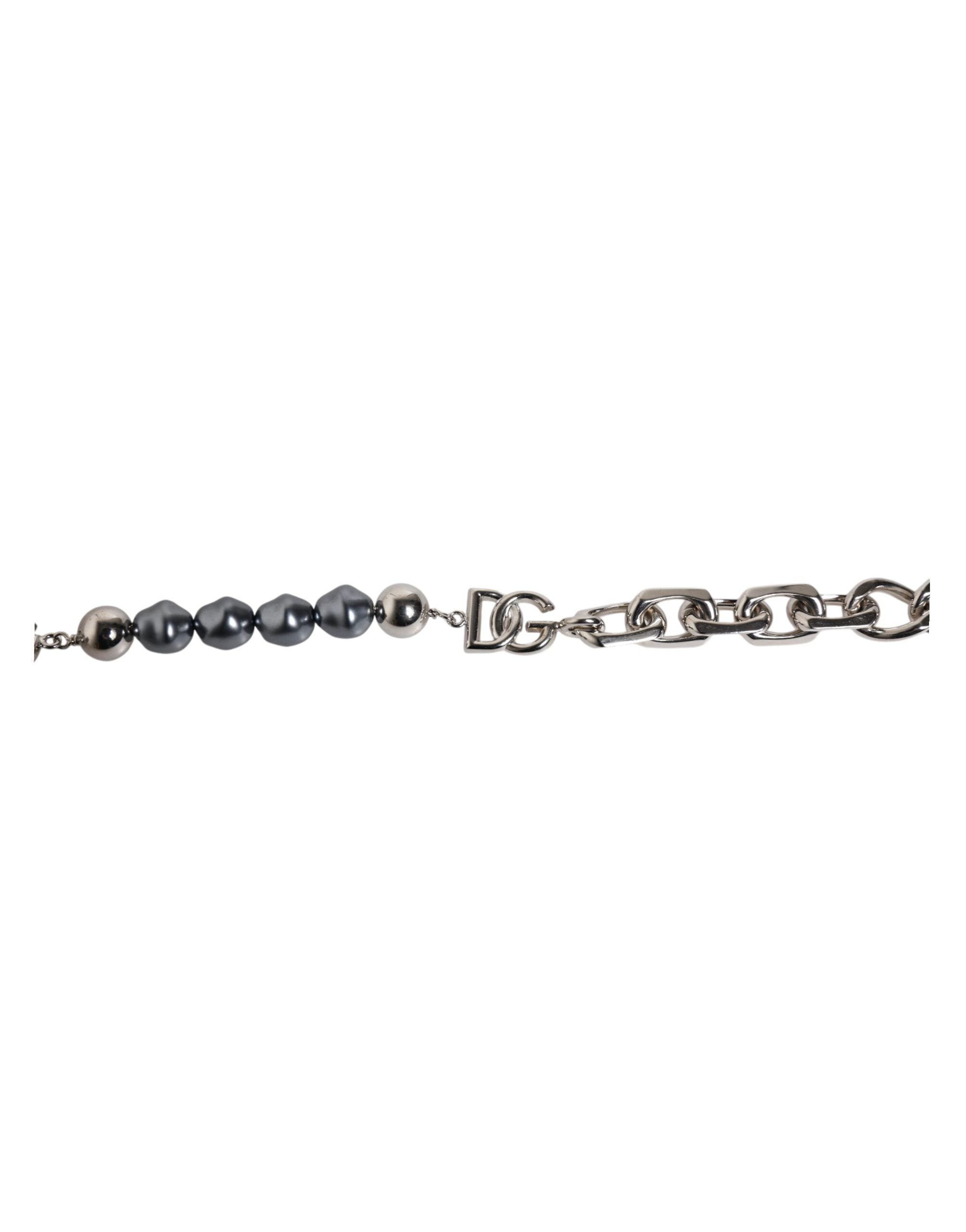 Dolce &amp; Gabbana Silver Tone Chain Lobster Clasp Logo Grey Pearls Armbånd