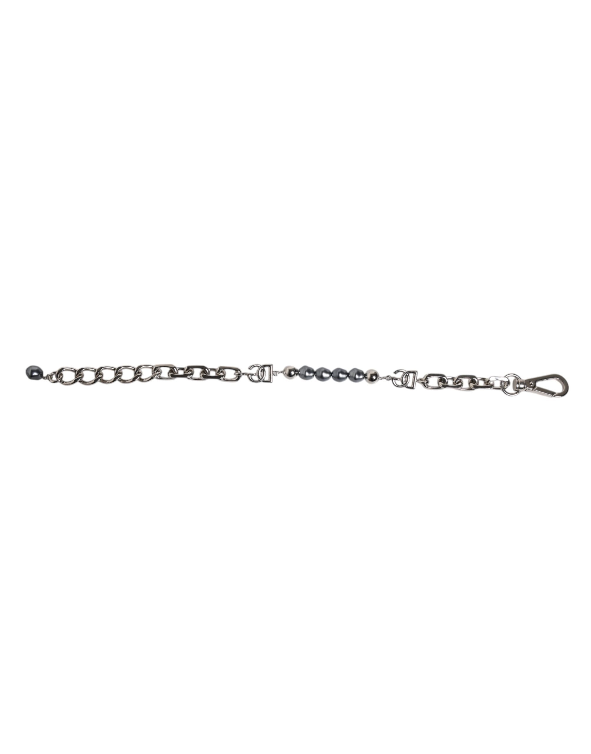 Dolce &amp; Gabbana Silver Tone Chain Lobster Clasp Logo Grey Pearls Armbånd