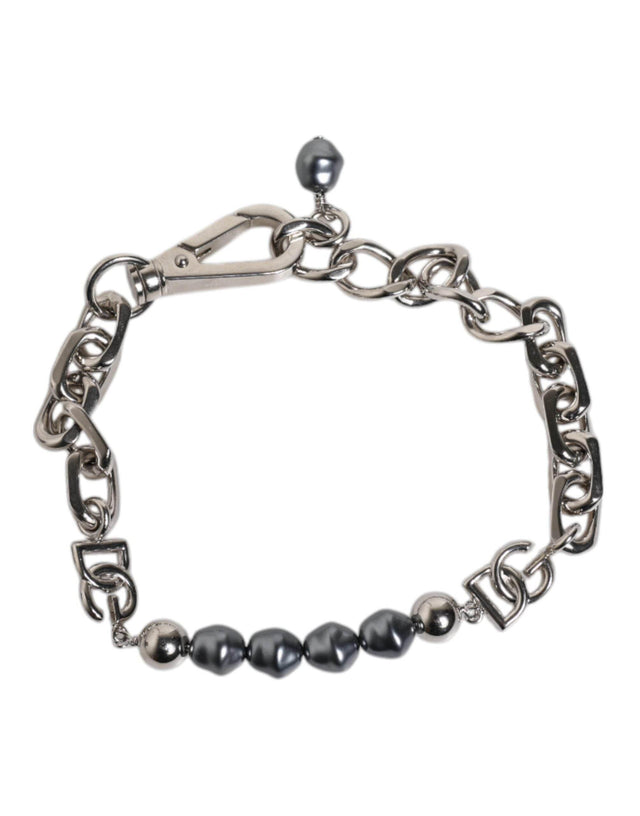 Dolce & Gabbana Silver Tone Chain Lobster Clasp Logo Gray Pearls Bracelet - Hilstor