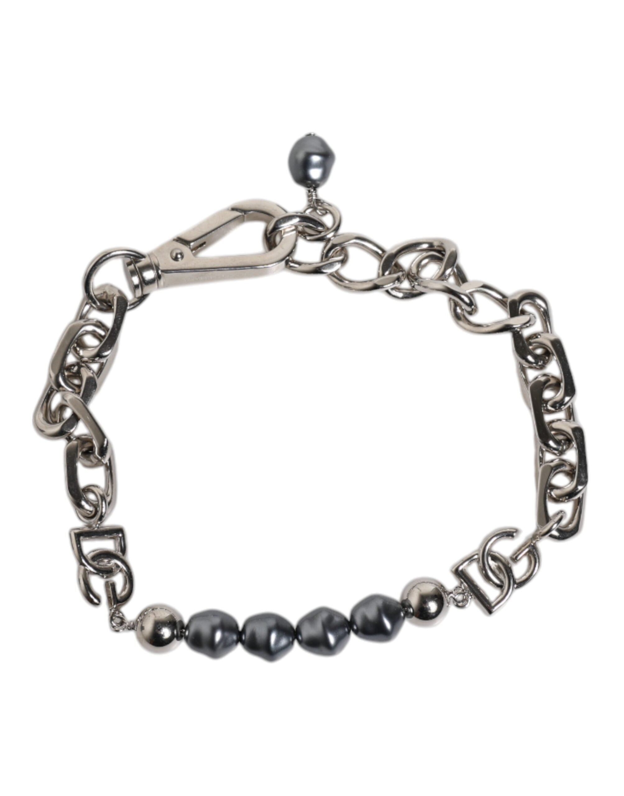 Dolce &amp; Gabbana Silver Tone Chain Lobster Clasp Logo Grey Pearls Armbånd