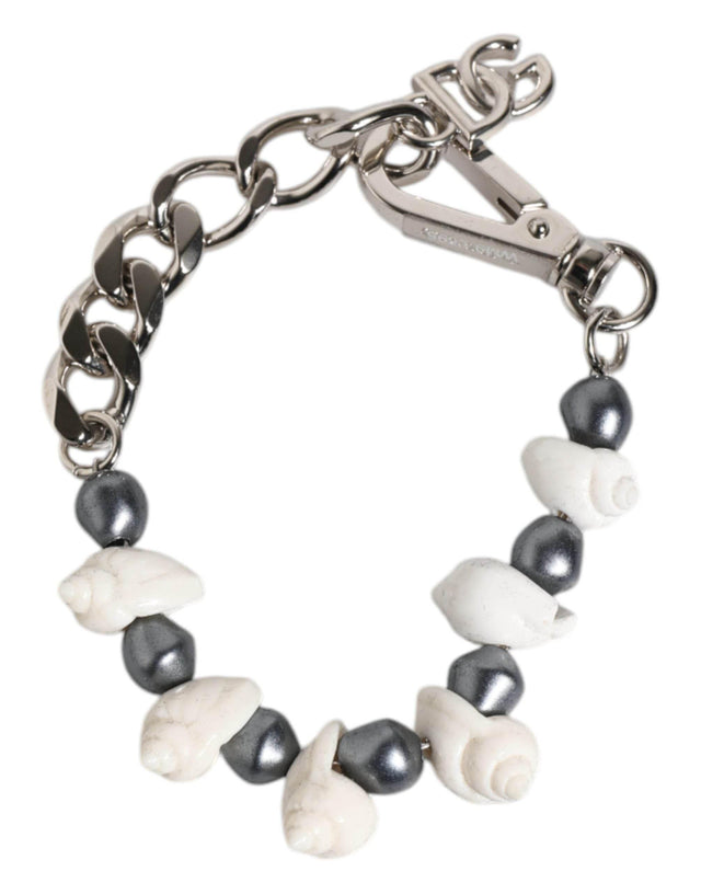 Dolce & Gabbana Silver Tone Brass Beaded Shell DG Logo Pendant Bracelet - Hilstor