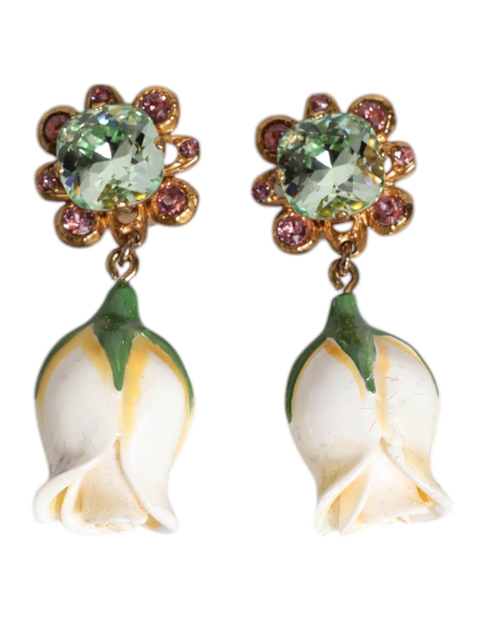 Dolce & Gabbana Brass White Flower Bloom Crystal Clip Dangling Earrings - Hilstor