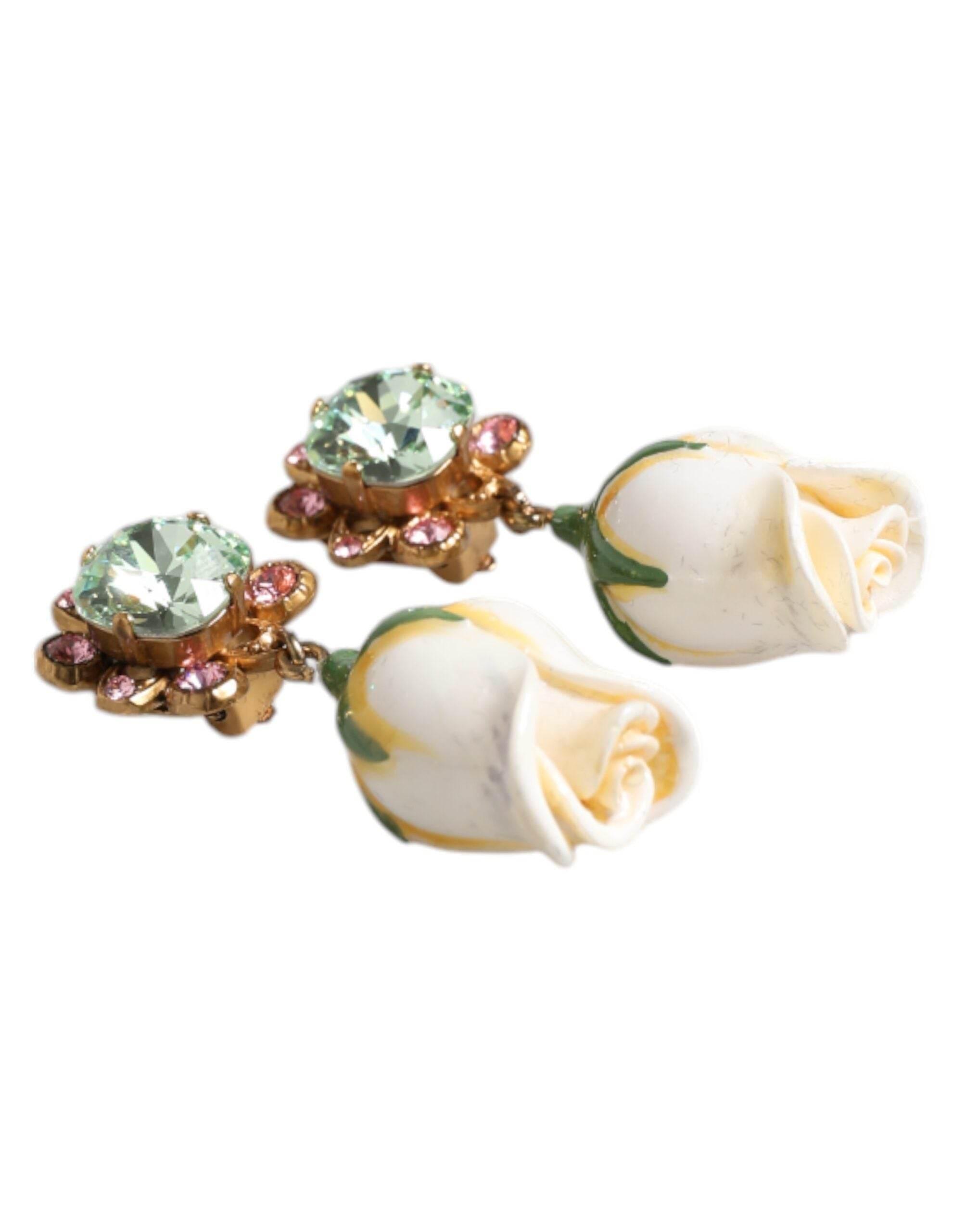 Dolce & Gabbana Brass White Flower Bloom Crystal Clip Dangling Earrings - Hilstor