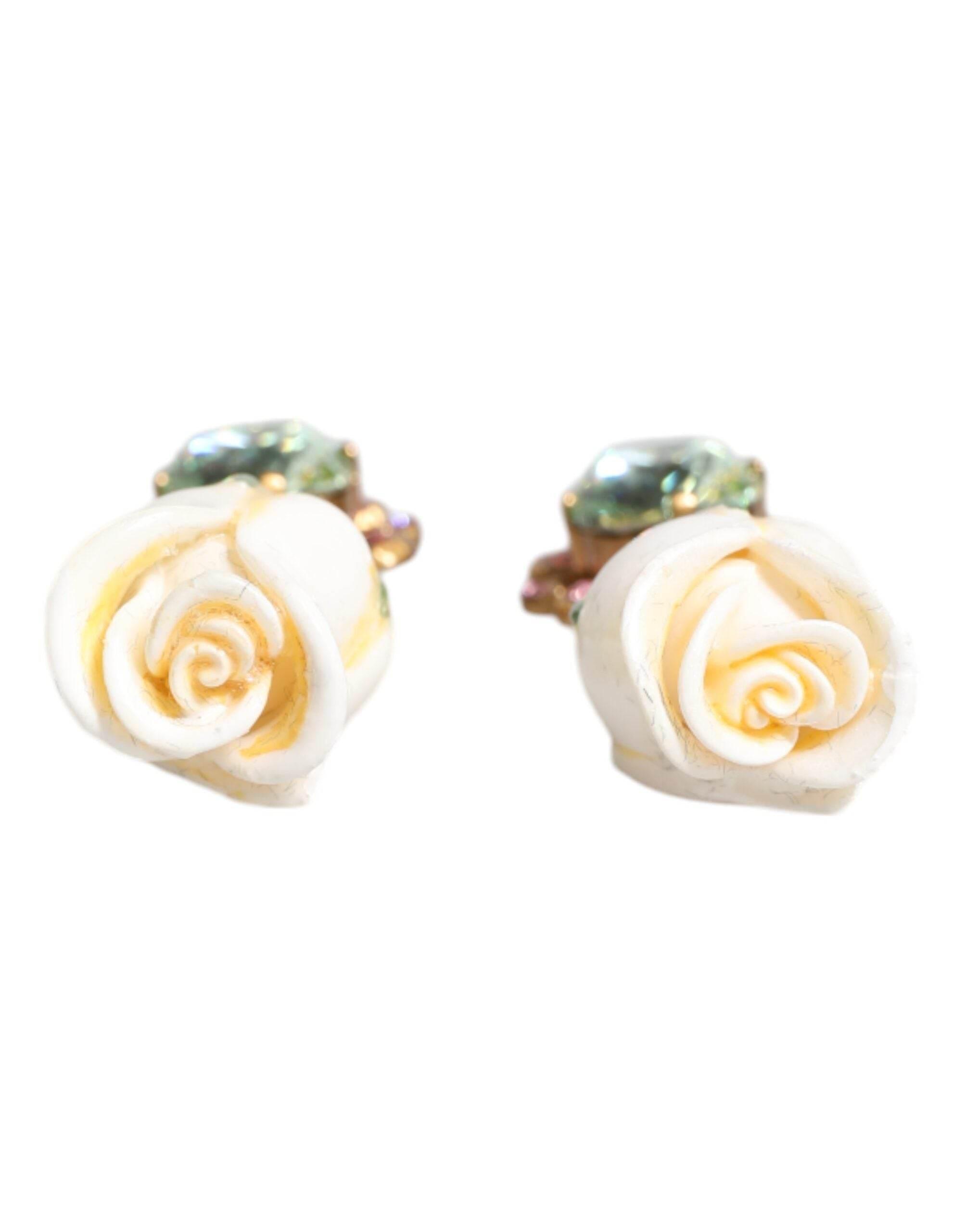 Dolce & Gabbana Brass White Flower Bloom Crystal Clip Dangling Earrings - Hilstor