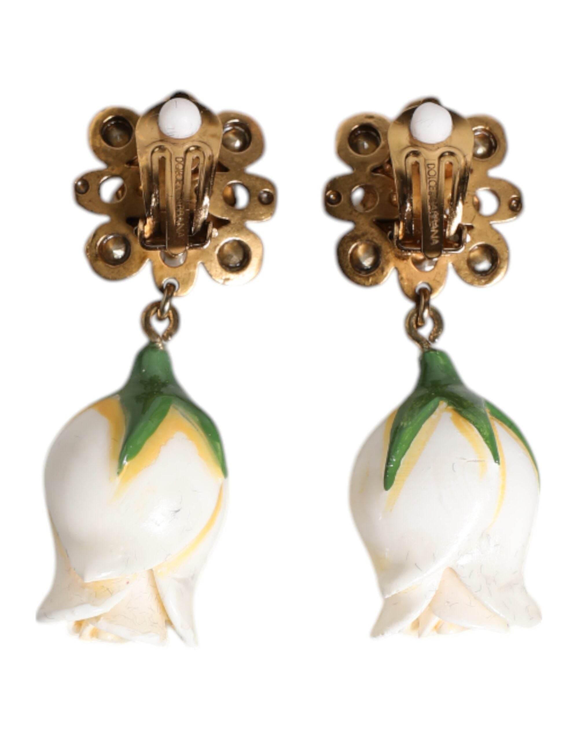 Dolce & Gabbana Brass White Flower Bloom Crystal Clip Dangling Earrings - Hilstor