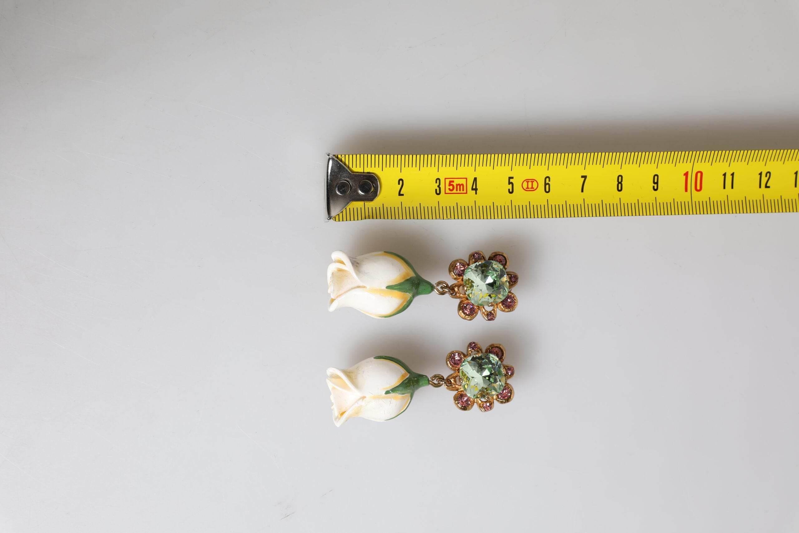 Dolce & Gabbana Brass White Flower Bloom Crystal Clip Dangling Earrings - Hilstor