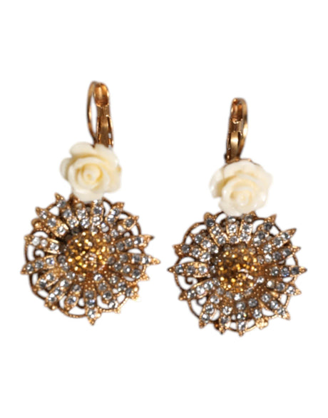 Dolce & Gabbana White Floral Clear Crystal Brass Dangling Jewelry Earrings - Hilstor