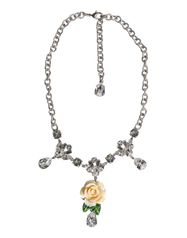 Dolce & Gabbana Silver Tone Brass Clear Crystal Roses Pendants Necklace - Hilstor