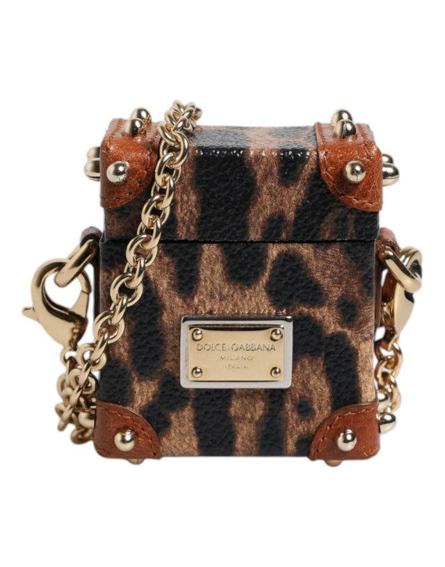 Dolce & Gabbana Brown Leopard Metal Logo Plaque Gold Chain Airpods Case - Hilstor