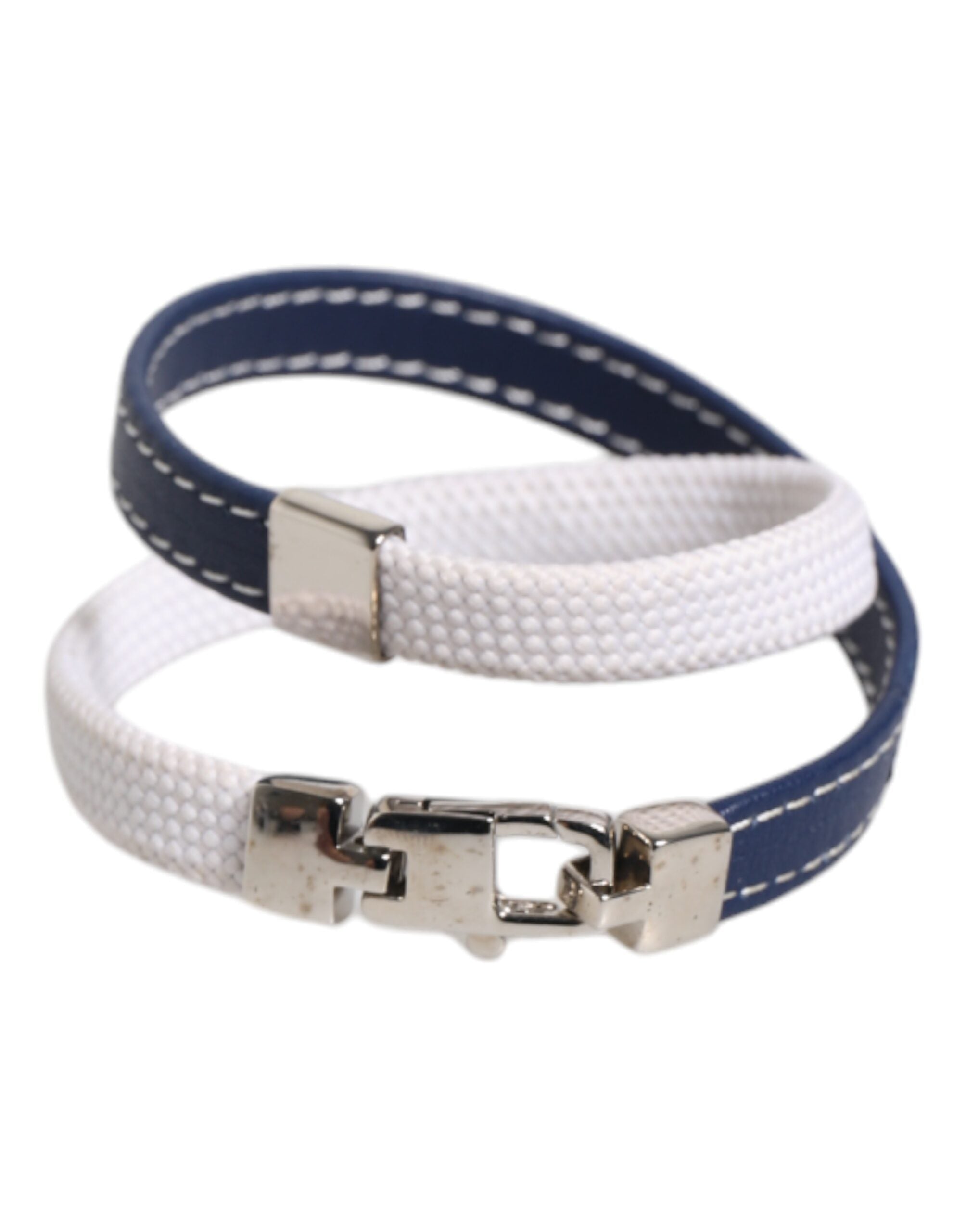Dolce &amp; Gabbana Blåvitt Läderarmband med Graverat DG Silvertonat Spänne