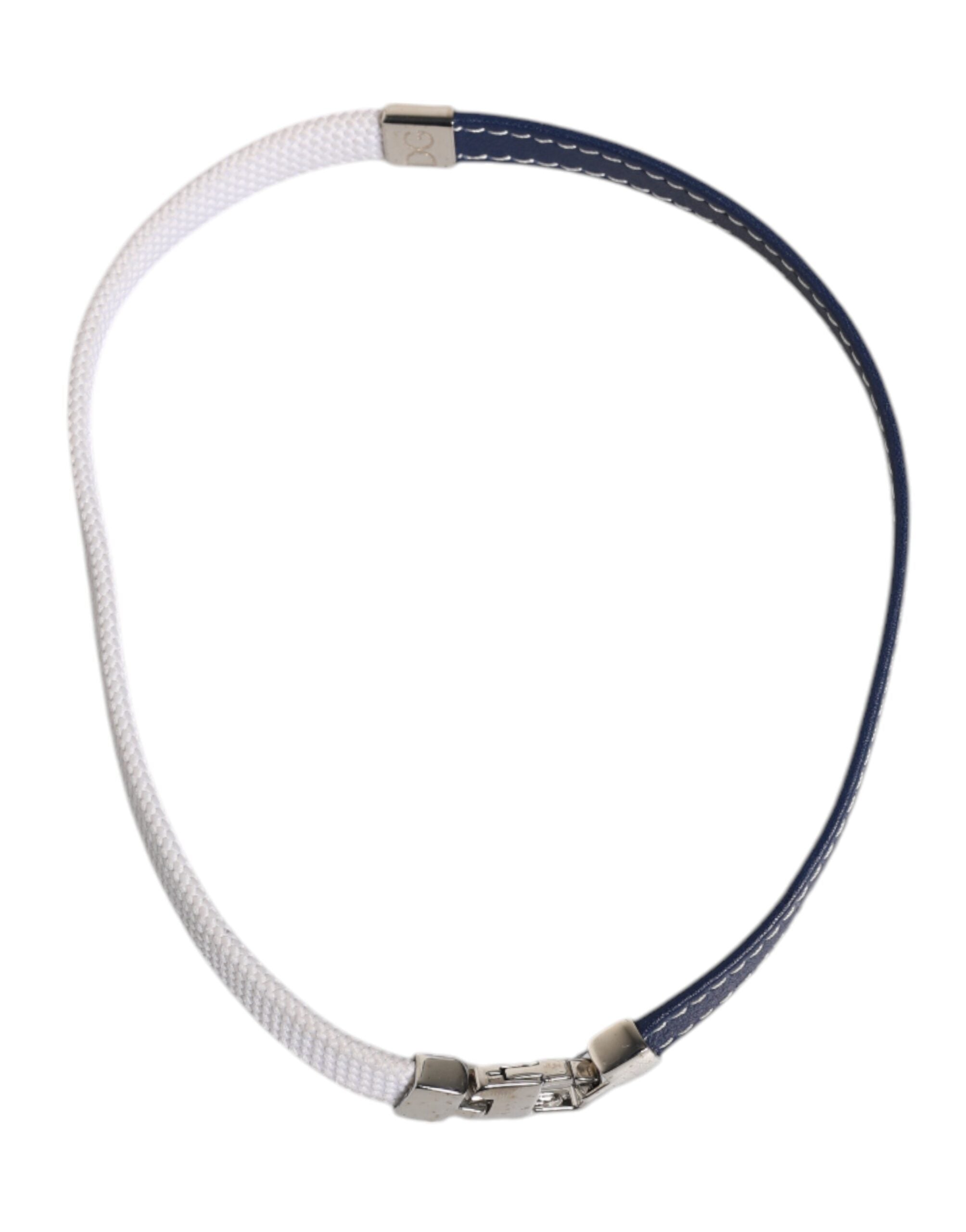 Dolce &amp; Gabbana Blåvitt Läderarmband med Graverat DG Silvertonat Spänne
