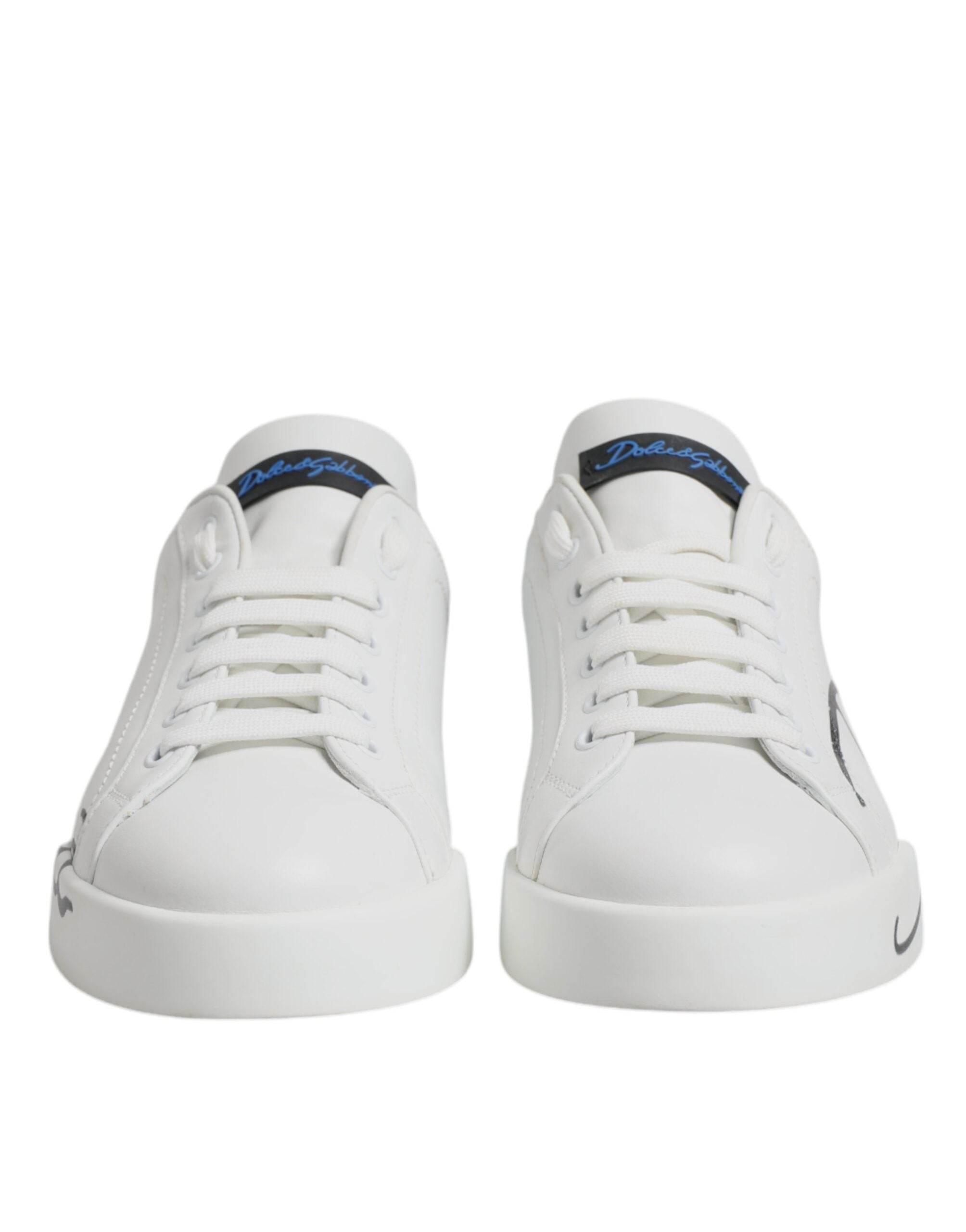Dolce & Gabbana White Blue Leather Logo Low Top Sneakers Shoes - Hilstor