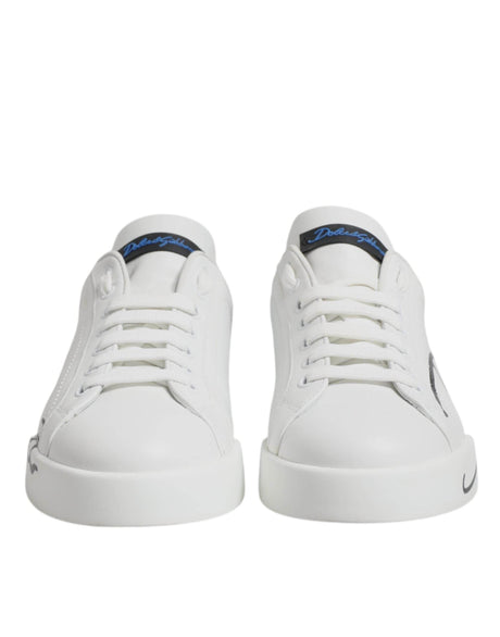 Dolce & Gabbana White Blue Leather Logo Low Top Sneakers Shoes - Hilstor