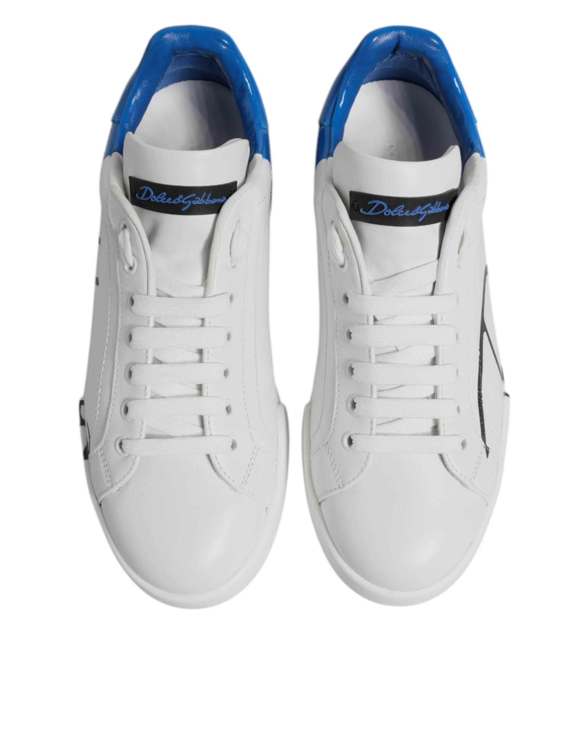 Dolce & Gabbana White Blue Leather Logo Low Top Sneakers Shoes - Hilstor