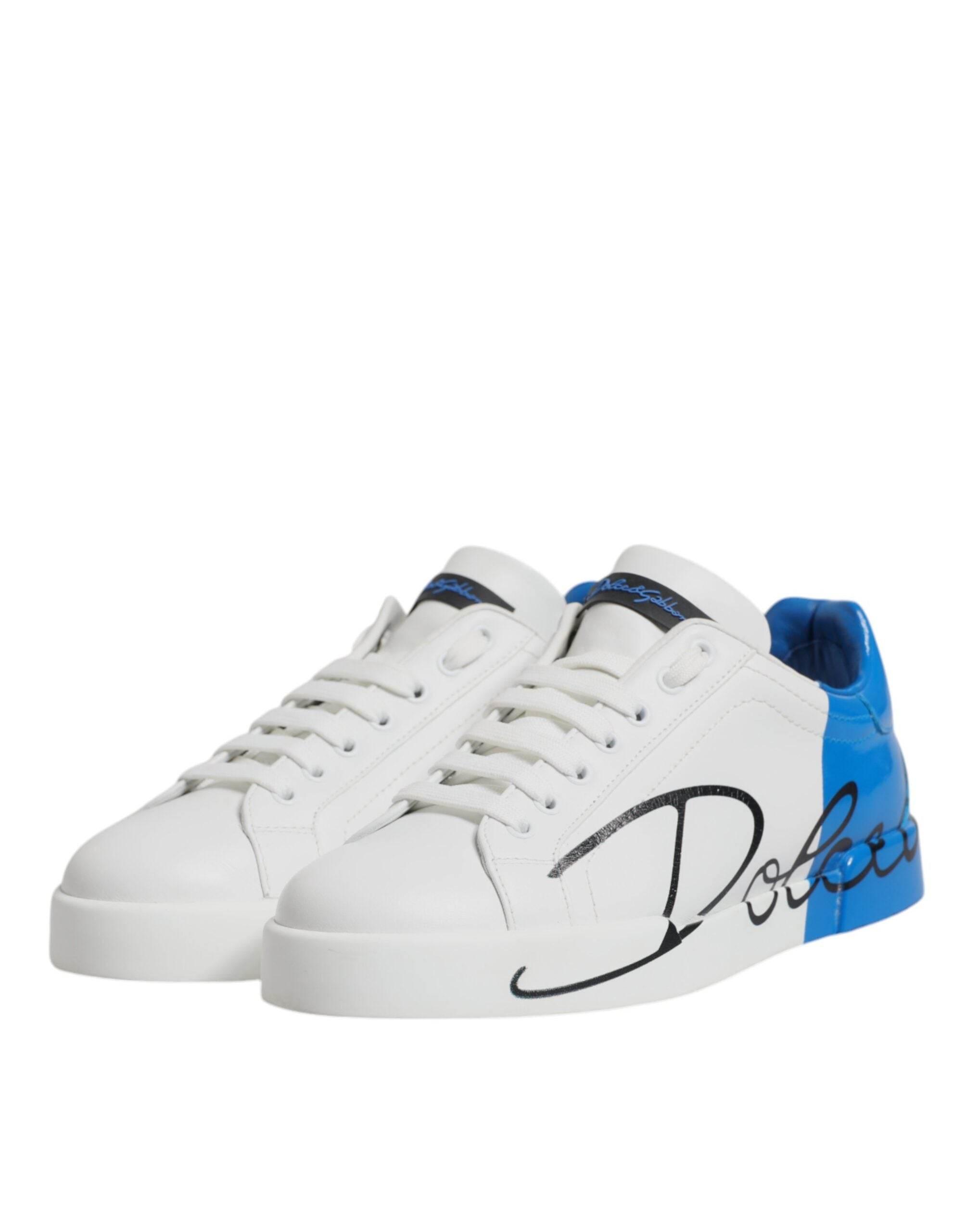 Dolce & Gabbana White Blue Leather Logo Low Top Sneakers Shoes - Hilstor