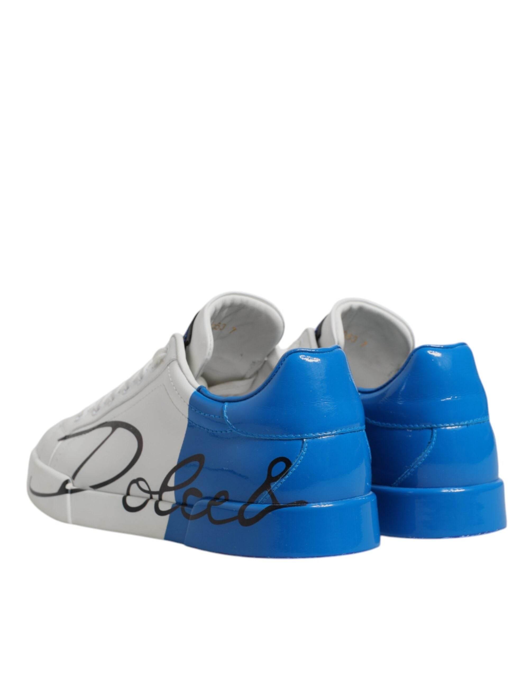 Dolce & Gabbana White Blue Leather Logo Low Top Sneakers Shoes - Hilstor