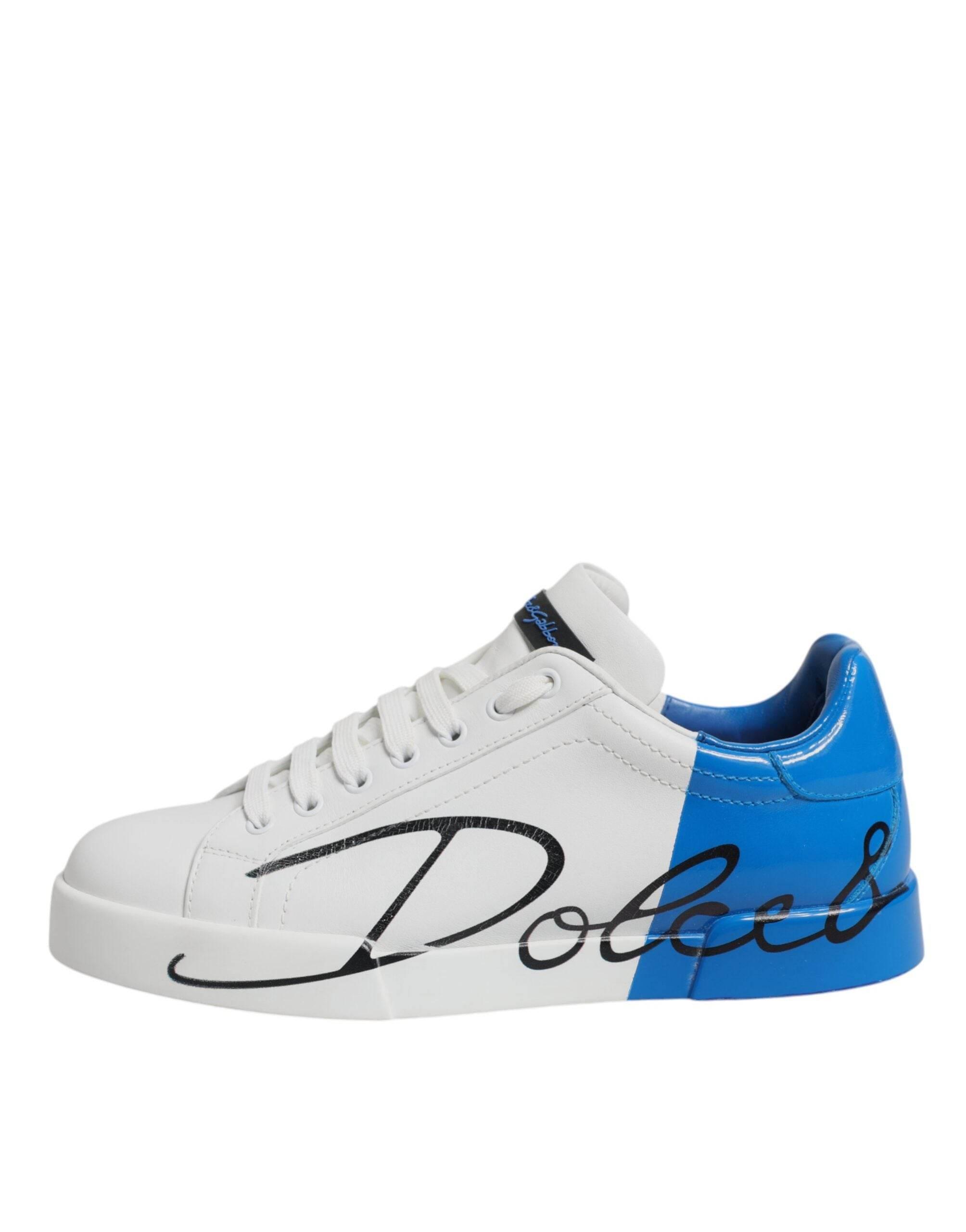 Dolce & Gabbana White Blue Leather Logo Low Top Sneakers Shoes - Hilstor