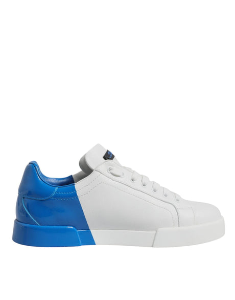 Dolce & Gabbana White Blue Leather Logo Low Top Sneakers Shoes - Hilstor