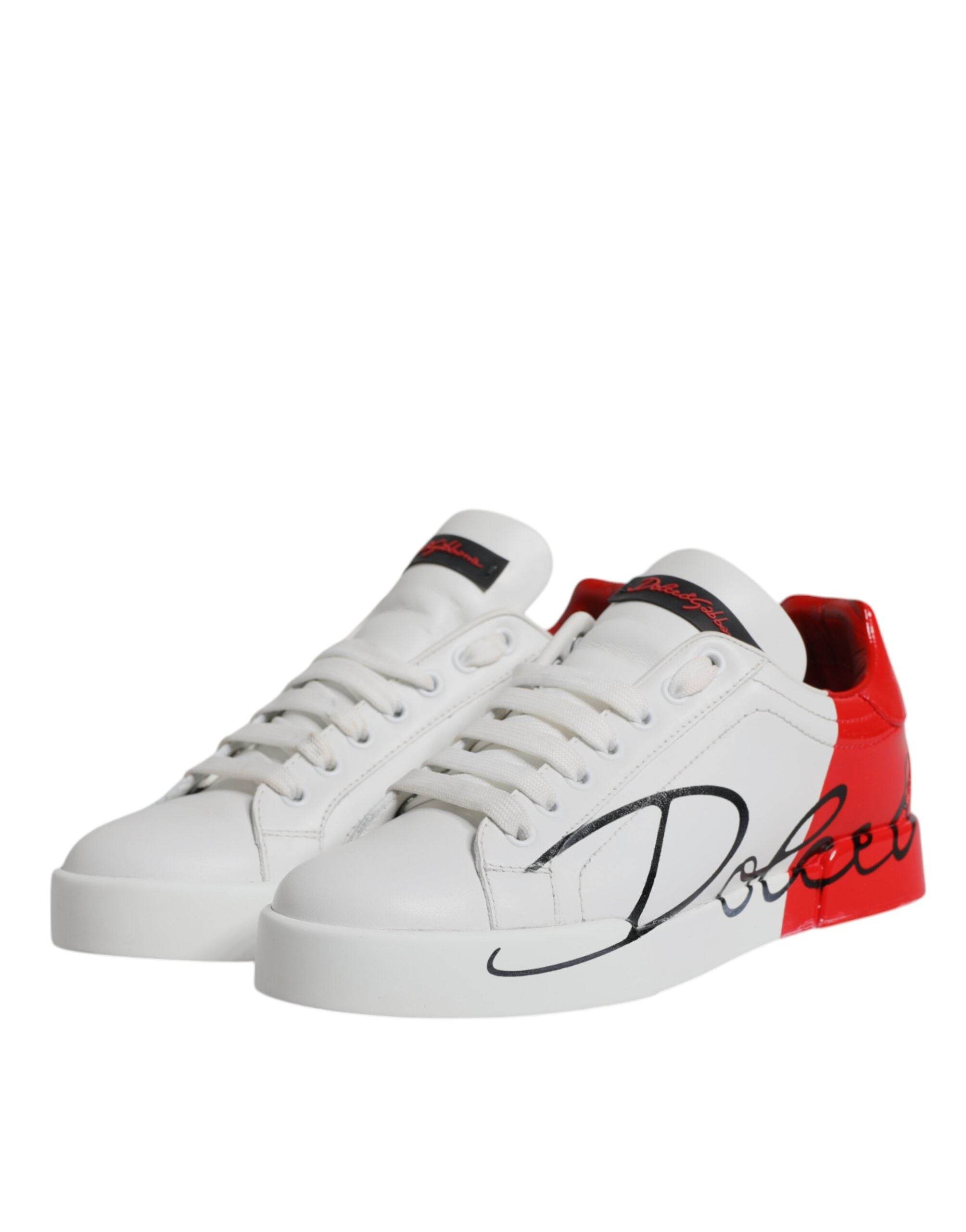 Dolce & Gabbana White Red Leather Low Top Sneakers Shoes - Hilstor