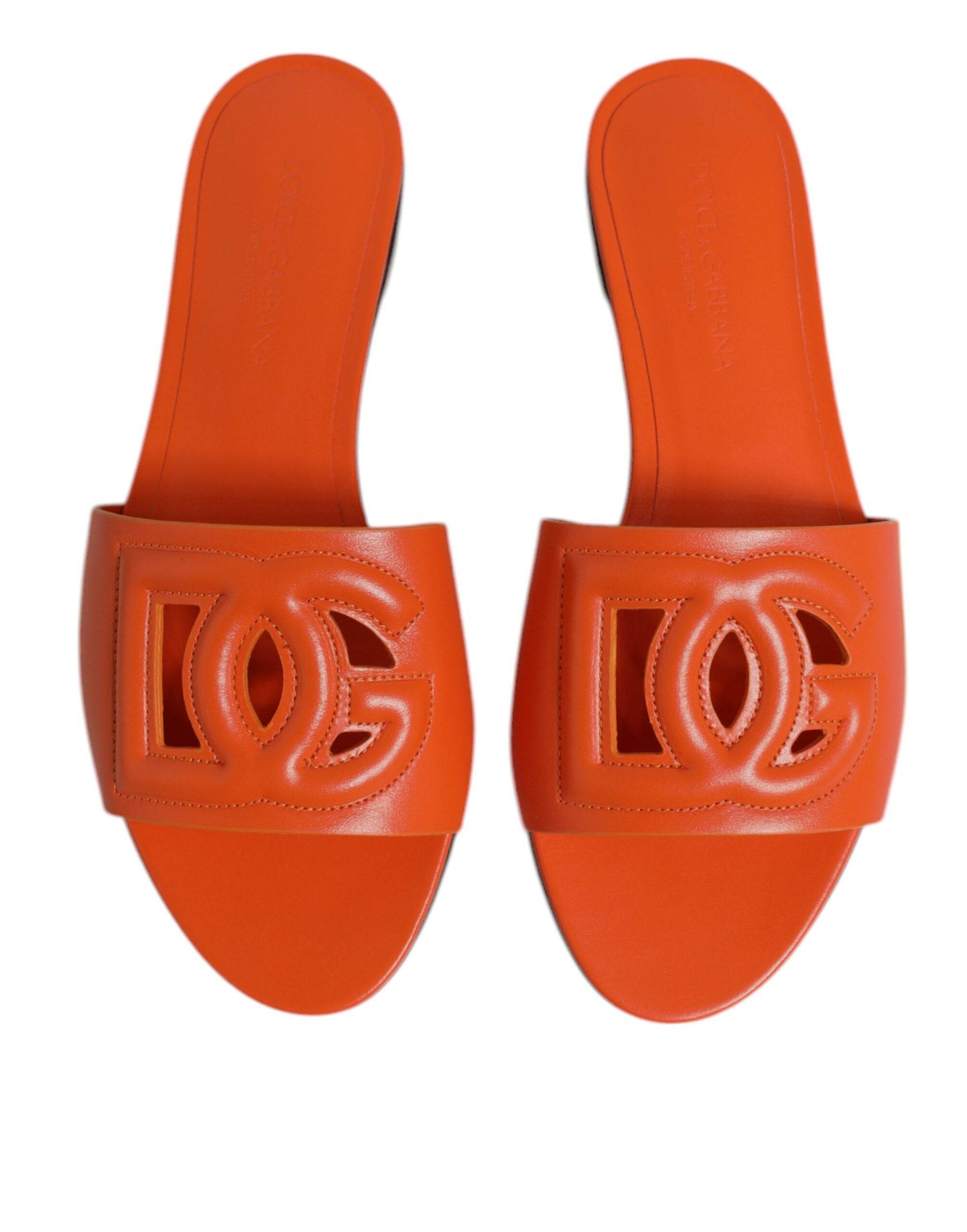 Dolce & Gabbana Orange Leather Logo Flats Sandals Shoes - Hilstor