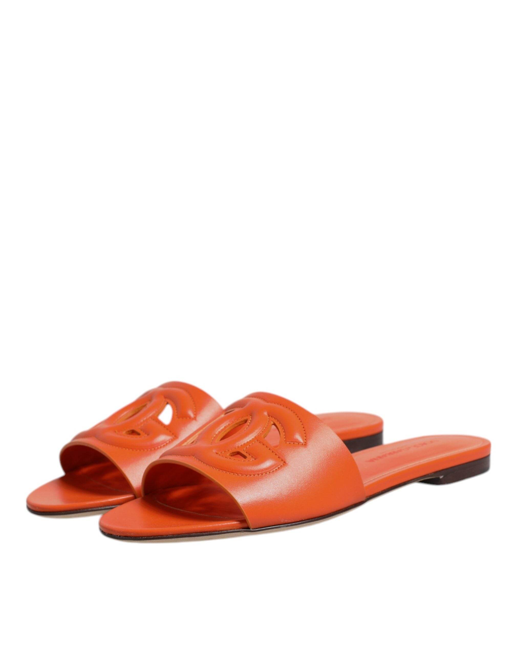 Dolce & Gabbana Orange Leather Logo Flats Sandals Shoes - Hilstor
