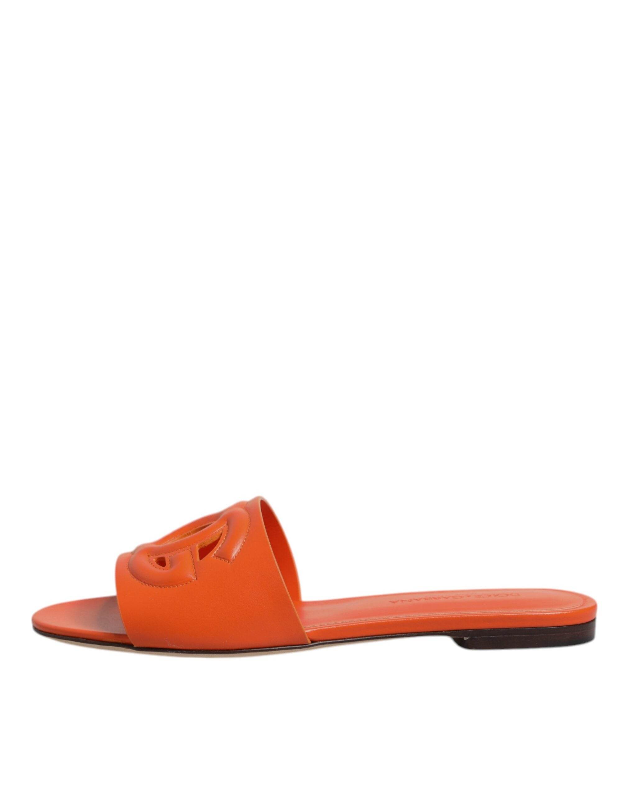 Dolce & Gabbana Orange Leather Logo Flats Sandals Shoes - Hilstor