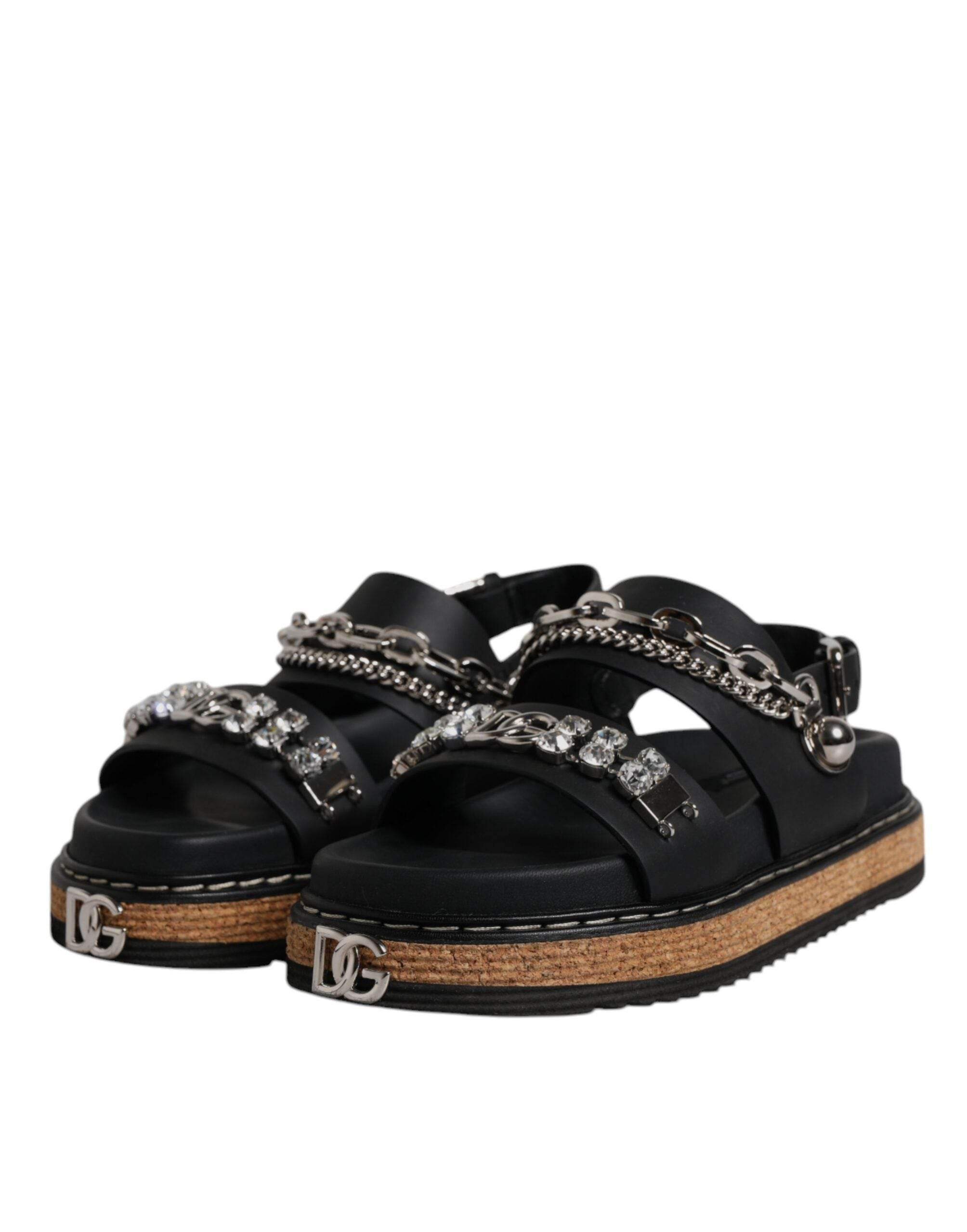 Dolce & Gabbana Black Crystal Embellish Strap Sandals Shoes - Hilstor